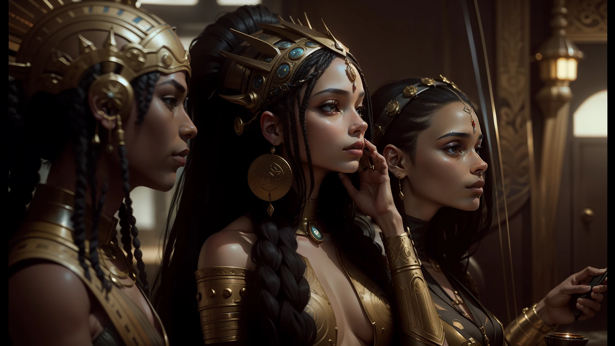 araffes in costume talking on a cell phone in a scene from the film the hunts, tom bagshaw ) ) ), zoe kravitz as an astronaut, wearing an elegant tribal outfit, still from a music video, crowns, bronze - skinned, mechanical style, 2049, movie screenshot, angels --auto --s2