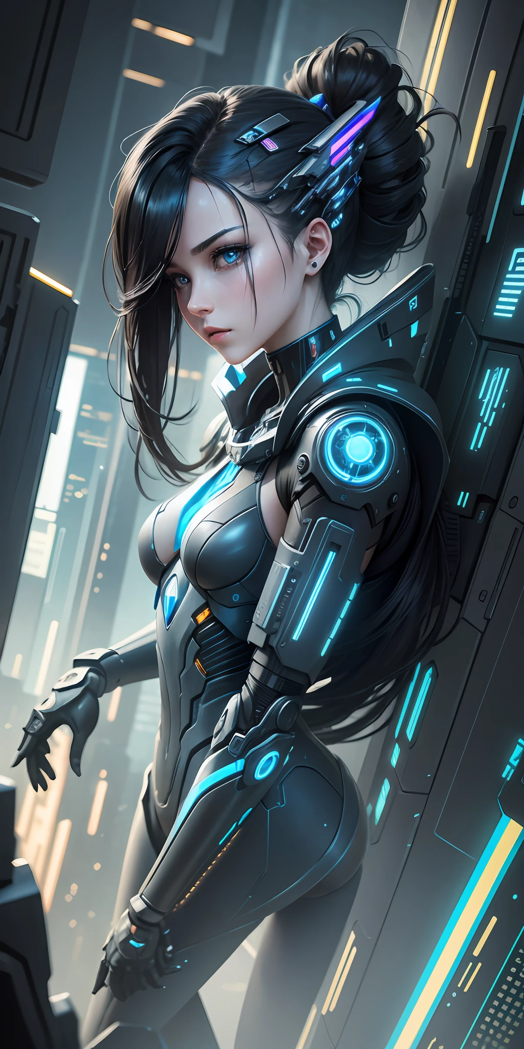 Complex 3d rendering very detailed beautiful ceramic silhouette female robot full body, holding weapons, robots, robot parts, highlighting mechanical world, wide angle lens, cyberpunk painting style, royal sister, dynamic eyes, sad eyes, mechanical arm, battleship far, sci-fi, sky lightning and thunder, mechanical warframe detailed portrayal, cyberpunk style city, delicate girl face meticulously portrayed face, flowing long black hair fluttering in the air, dark blue, futuristic city, sci-fi sense --auto --s2