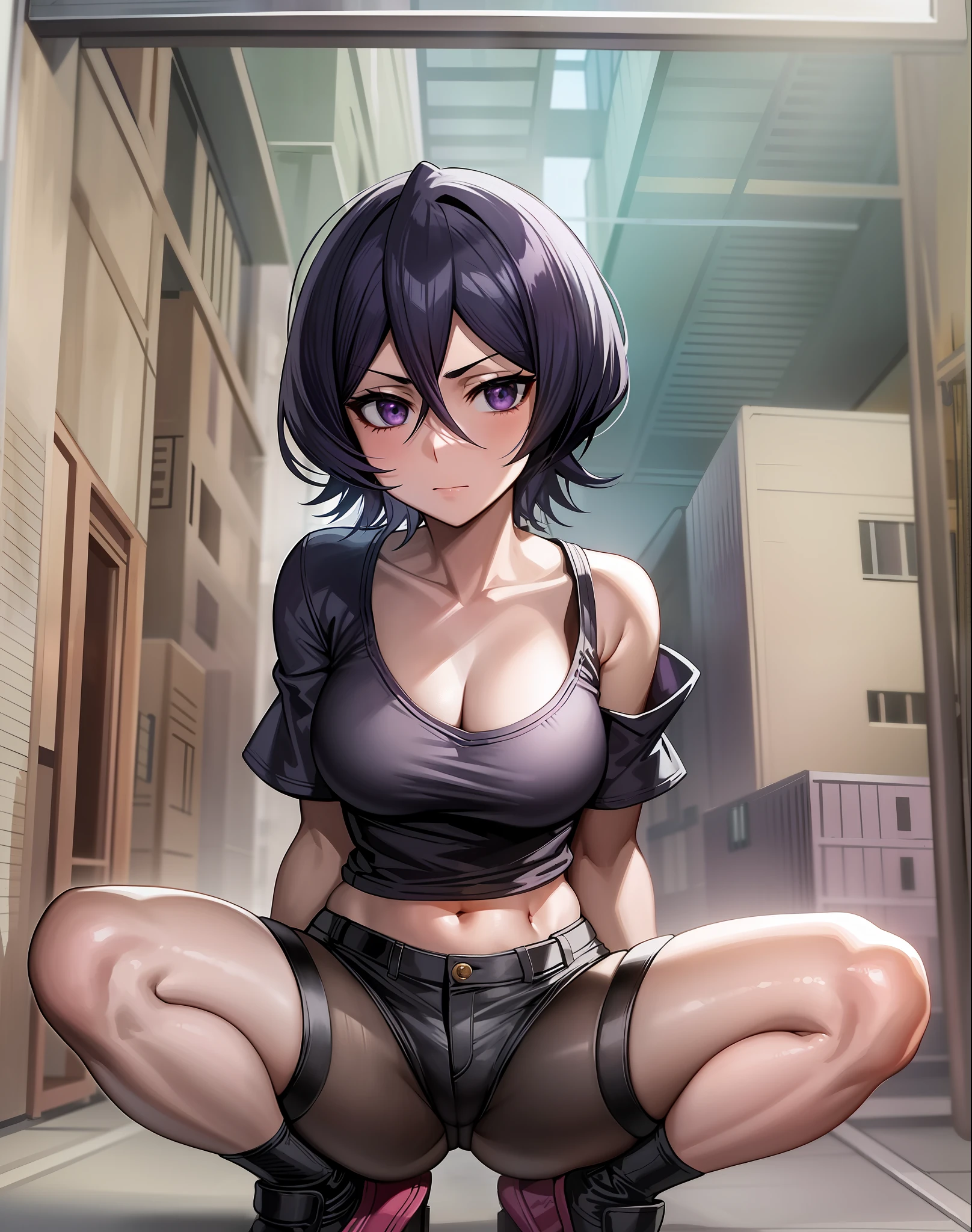 anime screencap, city, 1girl, solo, short hair, black hair, purple eyes, looking at the viewer, hair between eyes, lustful, closed mouth, ass, wide hips, short top, short shorts, unbuttoned shorts, squatting, legs apart, erotica, lots of erotica