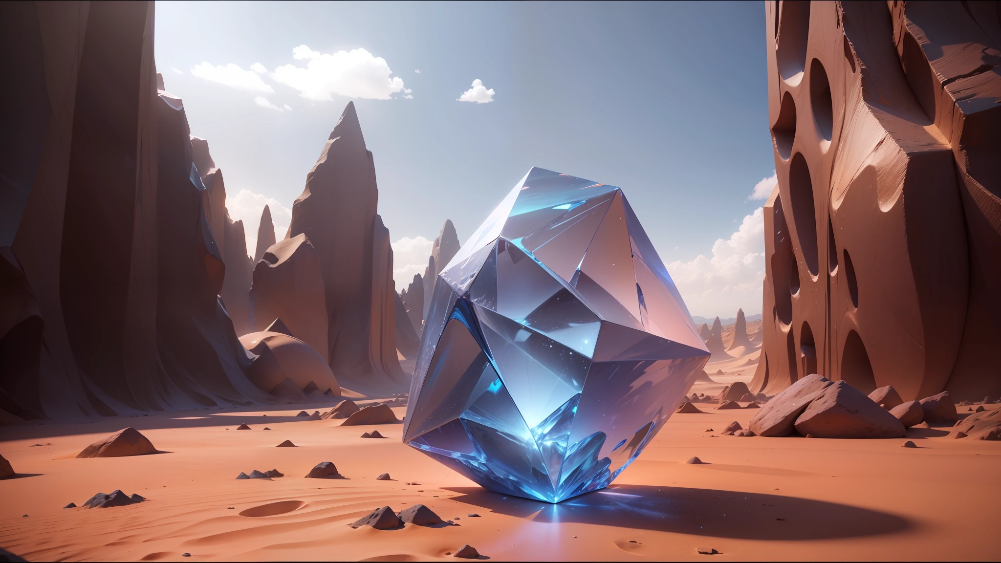 there is a blue diamond on a sandy surface in a desert, unreal engine 5 showcase, rossdraws global illumination, ice, ray tracing. fractal crystal, anamorphic, by Nicolas Froment, still from a music video, the cube, otherland, polyhedral, crystals --auto --s2