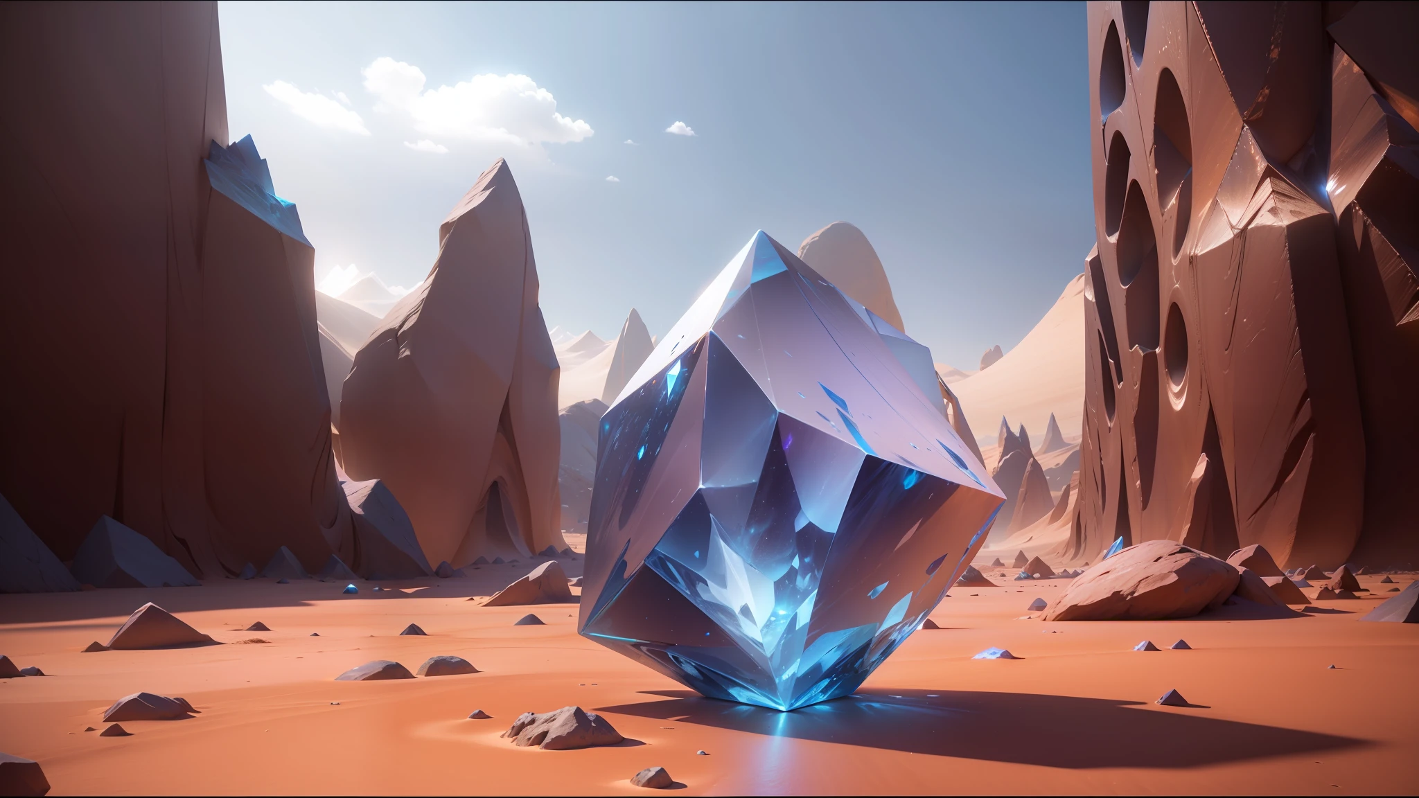there is a blue diamond on a sandy surface in a desert, unreal engine 5 showcase, rossdraws global illumination, ice, ray tracing. fractal crystal, anamorphic, by Nicolas Froment, still from a music video, the cube, otherland, polyhedral, crystals --auto --s2