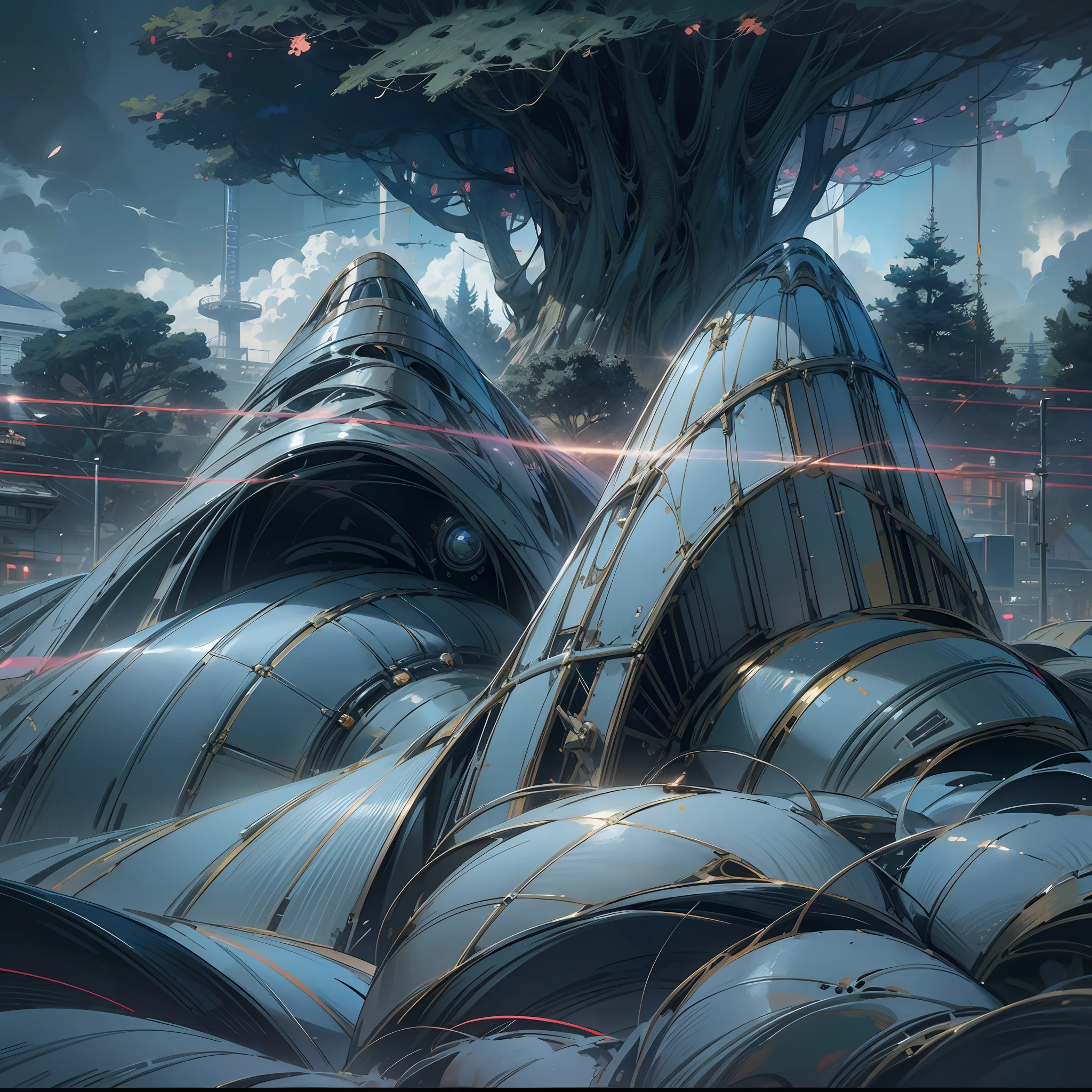 Sky, Clouds, holding_weapon, no_humans, geometry, multidimensional, planet,sci fi_Fantasy,Cyberpunk,Mechanical marvel,Robotic presence,Cybernetic trees , Glow, giant mechanical _ trees , city with tall trees _Architecture,sky, cloud, glowing, big trees river, waterfall ,cybernetic _trees, tree_mech, sci-fi, cityscape, realistic, Science Fiction, Cities, Rendered in Octane, hyper realistic, 8k, epic composition, cinematic, octane render, artstation landscape vista photography by Carr Clifton & Galen Rowell, 16K resolution, Landscape veduta photo by Dustin Lefevre & tdraw, 8k resolution, detailed landscape painting by Ivan Shishkin, DeviantArt, Flickr, rendered in Enscape, Miyazaki, Nausicaa Ghibli, Breath of The Wild,,trending in artstation, cgsociety, 8k post-processing highly detailed,Junji Murakami, Mucha Klimt, Sharandula, Hiroshi Yoshida, Tom Bagshaw, Ross Tran, Artgerm,Craig Mullins,dramatic,Junji Murakami, moody lighting rendered by octane engine,characters 8K symmetrical arstation, cape,cinematic lighting, intricate details, 8k detail post processing, hyperealistic, octane rend, Zdzisław Beksiński style, ar 2:3 Reality Reality --auto --v6 --s2