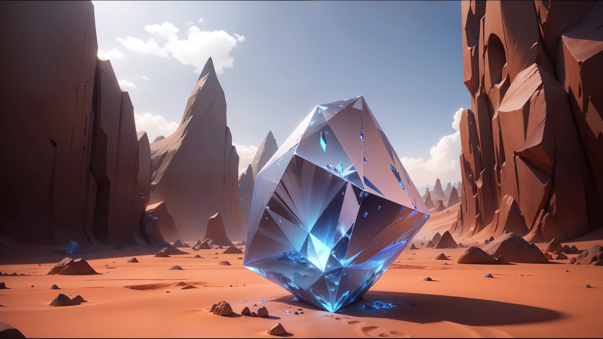 there is a blue diamond on a sandy surface in a desert, unreal engine 5 showcase, rossdraws global illumination, ice, ray tracing. fractal crystal, anamorphic, by Nicolas Froment, still from a music video, the cube, otherland, polyhedral, crystals --auto --s2