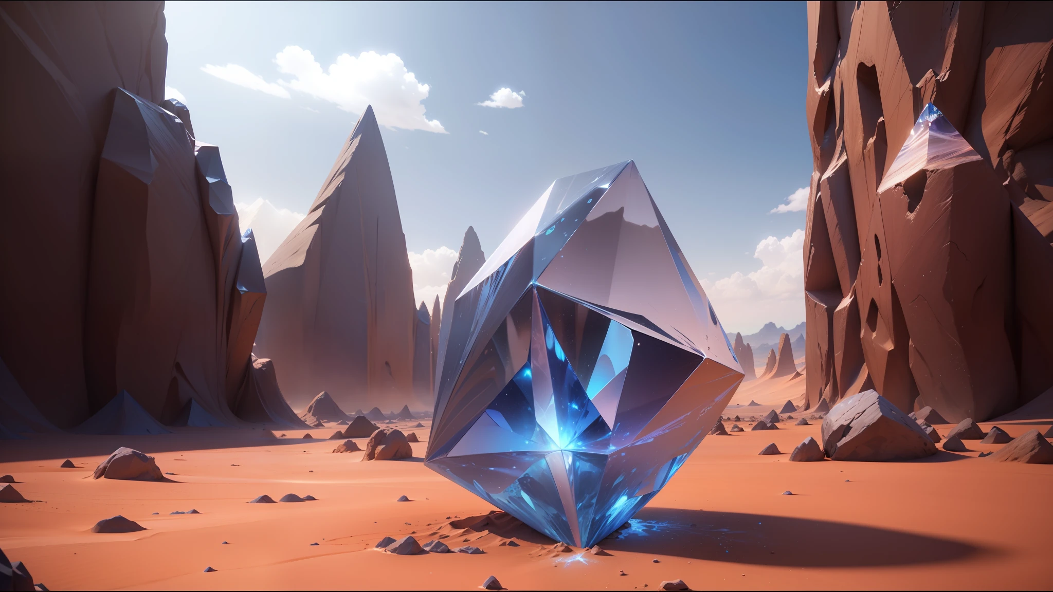 there is a blue diamond on a sandy surface in a desert, unreal engine 5 showcase, rossdraws global illumination, ice, ray tracing. fractal crystal, anamorphic, by Nicolas Froment, still from a music video, the cube, otherland, polyhedral, crystals --auto --s2