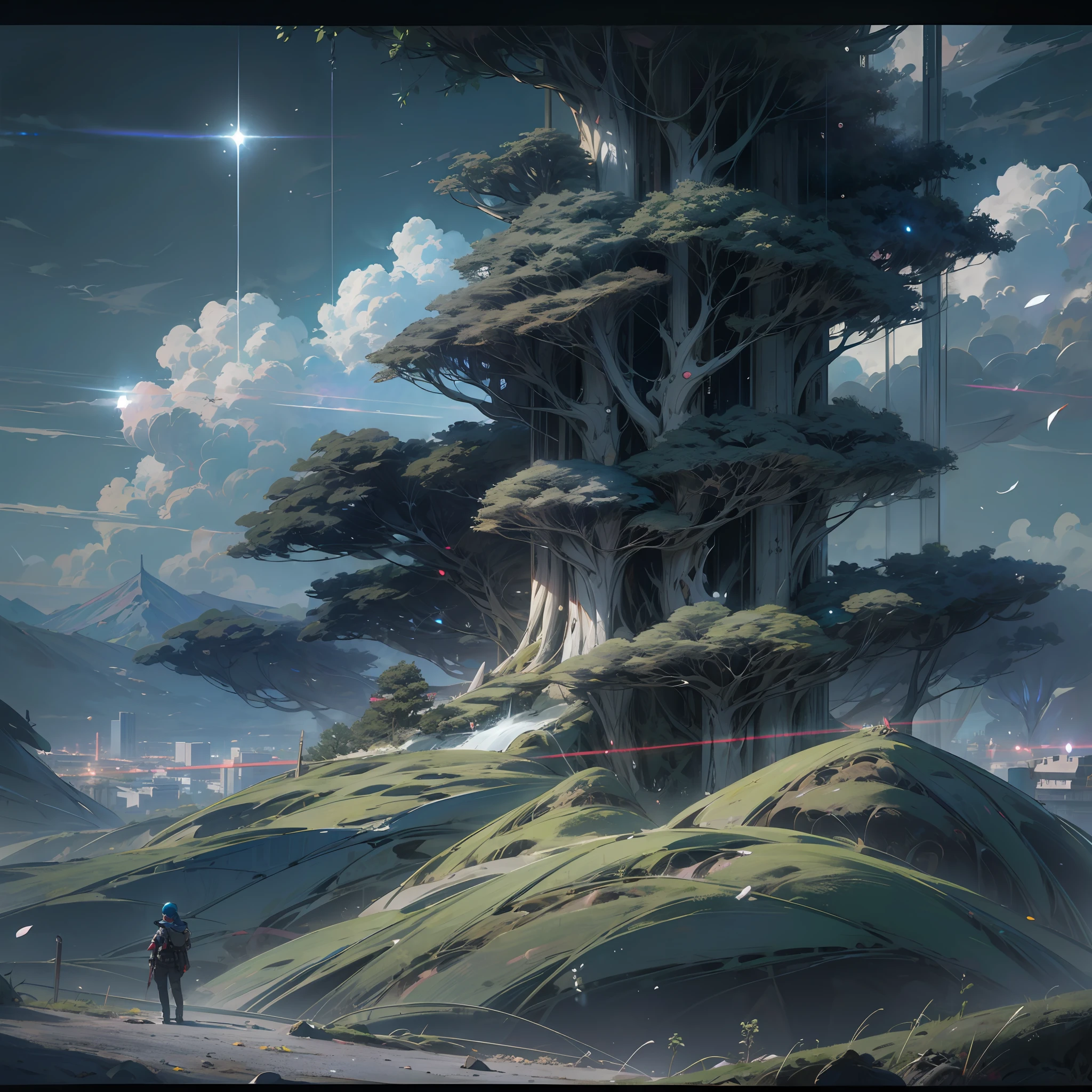Sky, Clouds, holding_weapon, no_humans, geometry, multidimensional, planet,sci fi_Fantasy,Cyberpunk,Mechanical marvel,Robotic presence,Cybernetic trees , Glow, giant mechanical _ trees , city with tall trees _Architecture,sky, cloud, glowing, big trees river, waterfall ,cybernetic _trees, tree_mech, sci-fi, cityscape, realistic, Science Fiction, Cities, Rendered in Octane, hyper realistic, 8k, epic composition, cinematic, octane render, artstation landscape vista photography by Carr Clifton & Galen Rowell, 16K resolution, Landscape veduta photo by Dustin Lefevre & tdraw, 8k resolution, detailed landscape painting by Ivan Shishkin, DeviantArt, Flickr, rendered in Enscape, Miyazaki, Nausicaa Ghibli, Breath of The Wild,,trending in artstation, cgsociety, 8k post-processing highly detailed,Junji Murakami, Mucha Klimt, Sharandula, Hiroshi Yoshida, Tom Bagshaw, Ross Tran, Artgerm,Craig Mullins,dramatic,Junji Murakami, moody lighting rendered by octane engine,characters 8K symmetrical arstation, cape,cinematic lighting, intricate details, 8k detail post processing, hyperealistic, octane rend, Zdzisław Beksiński style, ar 2:3 Reality Reality --auto --v6 --s2