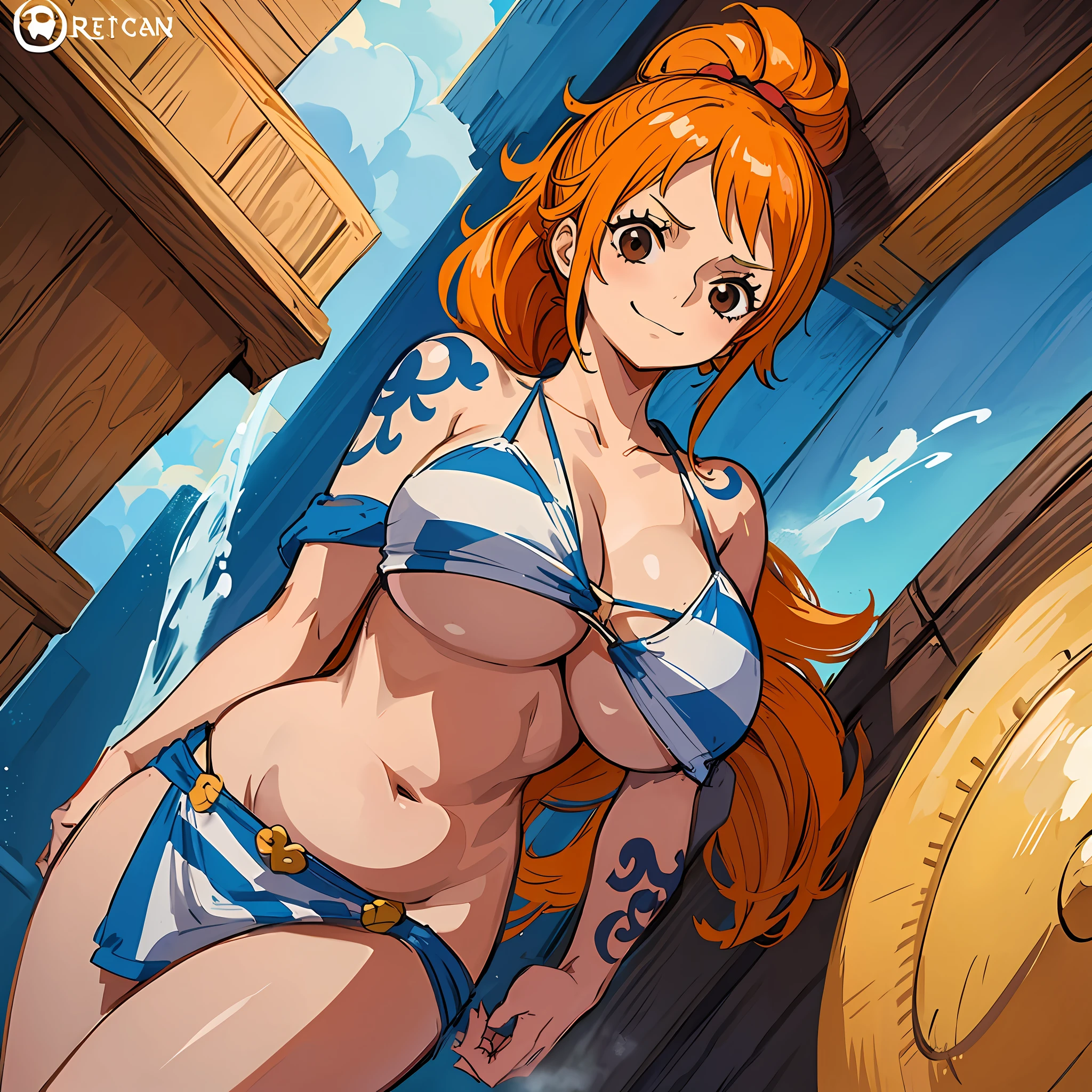 1girl,solo, (nami_8000:0.9), nami \(one piece\), nami, full body, ponytail, stripes, red and orange bikini, star dot and stripes, brown eyes, shoulder tattoo, from below, v, smile, narrow waist, inskny, ((cleavage)),(masterpiece:1.0), (best quality:1.0), (8k wallpaper:1.0), extremely delicate and beautiful, (beautiful detailed face:1.0), (detailed deep eyes), symmetrical breasts, deep eyes, (((huge breasts))), ((screencap)), third-party edit, (sweat), (shiny skin), (wide hips), ((one piece treasure cruise)), anime, (anime screencap), (steam), ((fog effect)), groin, (bikini), swimsuit, (underboob), sideboob, ((plump)), bathroom, hand on own hip, breasts apart,