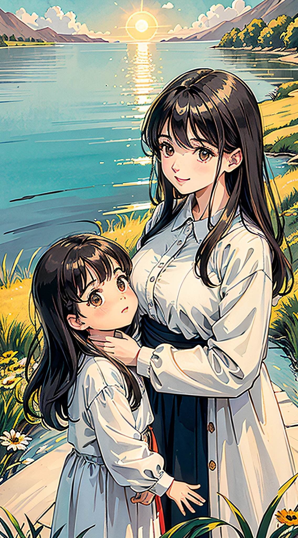 Middle-aged woman, child playing by the lake, hair pulling, sun, meadow, woman next to child, smiling, looking at their child, beautiful and delicate eyes, shiny hair, visible through hair, black hair, brown eyes, women, family wear, sun reflection light, silver metal, brilliance, Soviet style, diffuse reflection, metallic texture, sea of stars, high-profile, imposing, there is a big sun, strong sunlight, green meadow, long lake, surreal colors, wonderful sky reflection, amazing sky , fantastic atmosphere 8K, surreal sky, beautiful sky, amazing clouds