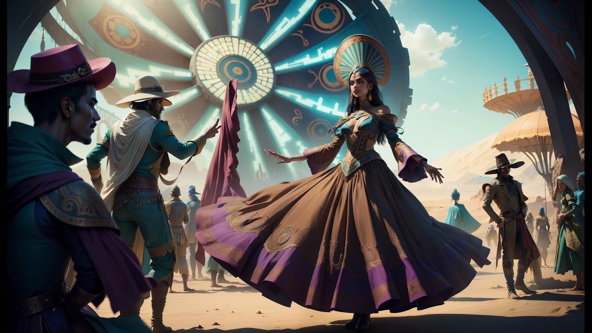 dancers in colorful costumes perform in a desert setting, still frame from a movie, intricate fantasy dress, inspired by Android Jones, freida pinto, euphoria, dressed in a jodhpuri suit, from netflix's arcane, print advertising, dressed in ornate, 21:9, psytrance, from witcher (2021) --auto --s2