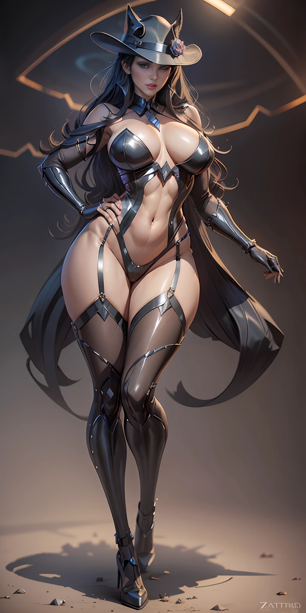 Zatanna from DC, big breasts, frontal, full-length, looking at the camera, facing the audience, standing pose, simple background, three-dimensional light, detailed full-body concept, sleek digital concept art, beautiful full-body concept art, art trend, CGsociety full-length,