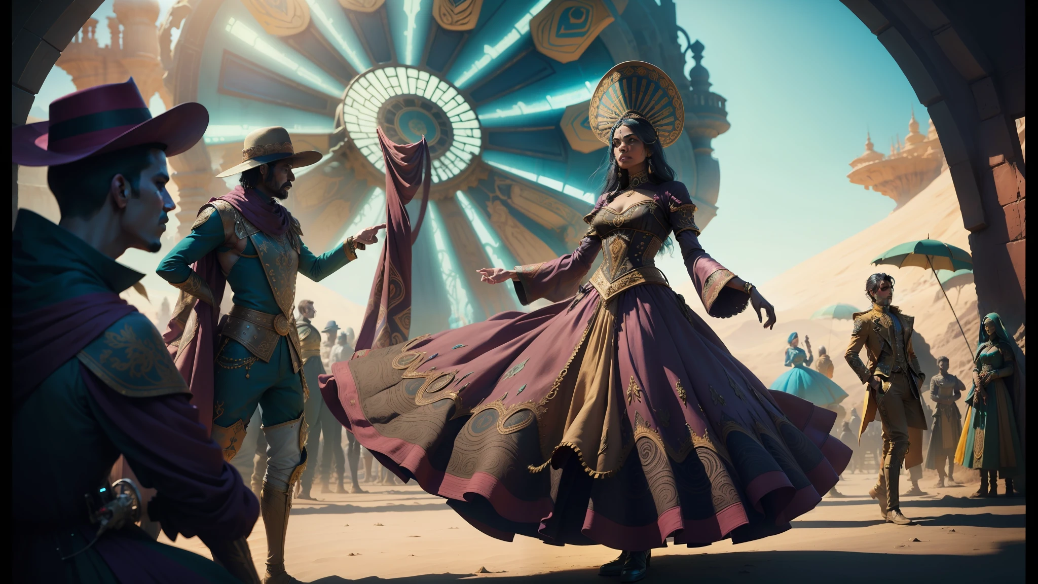 dancers in colorful costumes perform in a desert setting, still frame from a movie, intricate fantasy dress, inspired by Android Jones, freida pinto, euphoria, dressed in a jodhpuri suit, from netflix's arcane, print advertising, dressed in ornate, 21:9, psytrance, from witcher (2021) --auto --s2