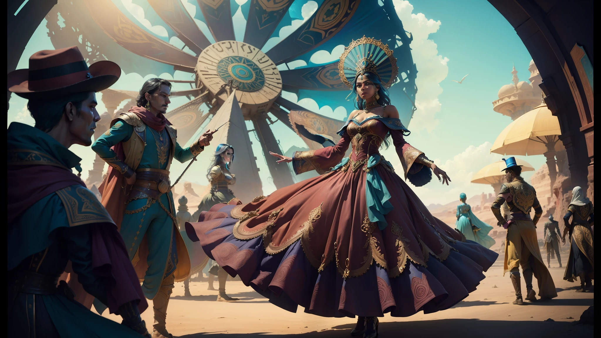 dancers in colorful costumes perform in a desert setting, still frame from a movie, intricate fantasy dress, inspired by Android Jones, freida pinto, euphoria, dressed in a jodhpuri suit, from netflix's arcane, print advertising, dressed in ornate, 21:9, psytrance, from witcher (2021) --auto --s2