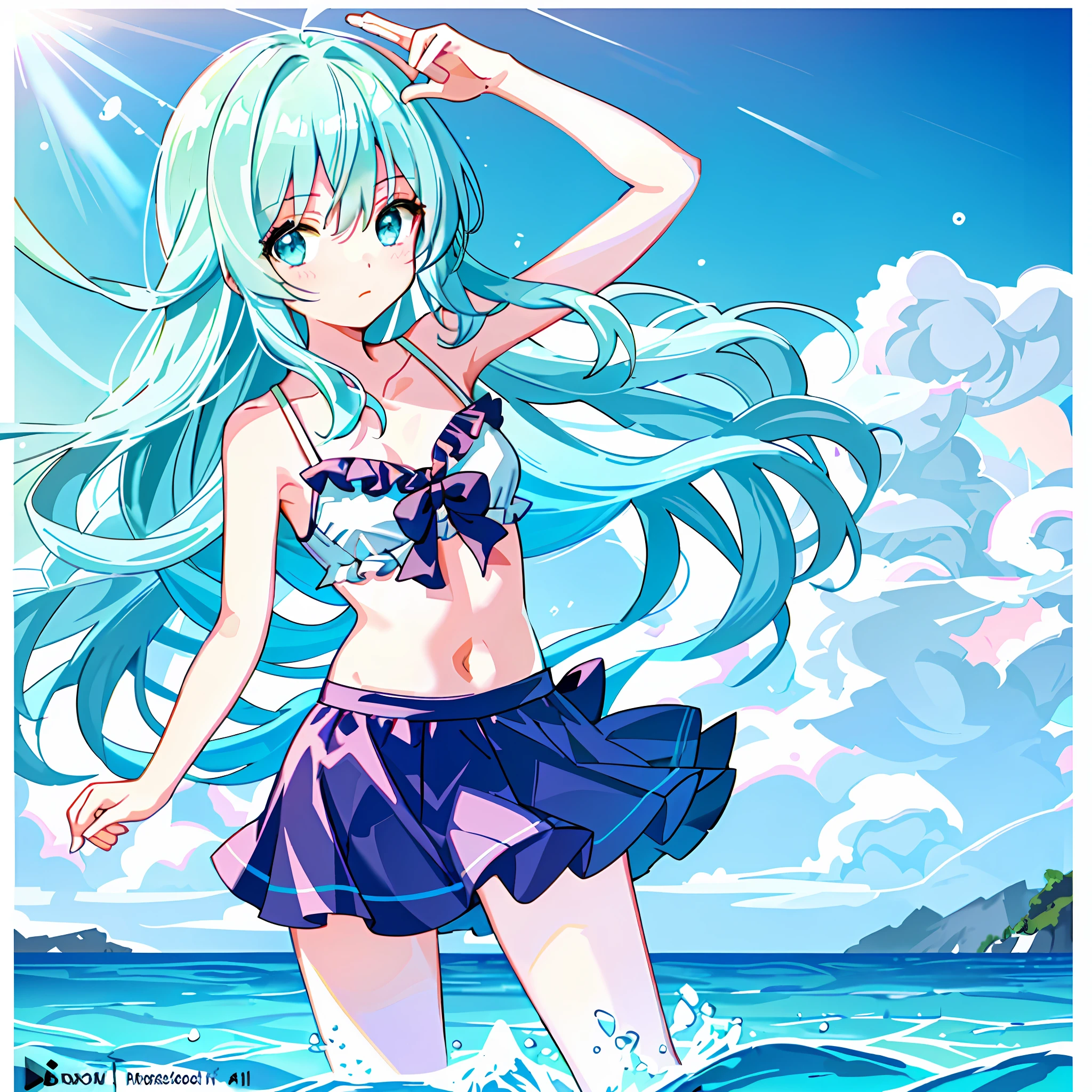 {{illustration}}, {{masterpiece}}, {{best quality}}, {{official art}}, {very detailed CG Unity 8k wallpaper}}}}, {{art book}}}, 1 girl, mint hair, long hair, aqua green hair, swimwear, sexy, white skin, white swimsuit, water blue_eyes, pastel colors, bare shoulders, collarbone, swimwear, {{{solo}}}, short eyes, cute face, loli face, good body parts, cute, style mimicry , dynamic pose, cute girl, perfect fingers, navel, cute swimsuit, {{sexy outfit}}}, swimming skirt, sexy body, border, loli, ruffled swimsuit, sexy swimsuit, {{{underwater}}}, lower breast, glass world