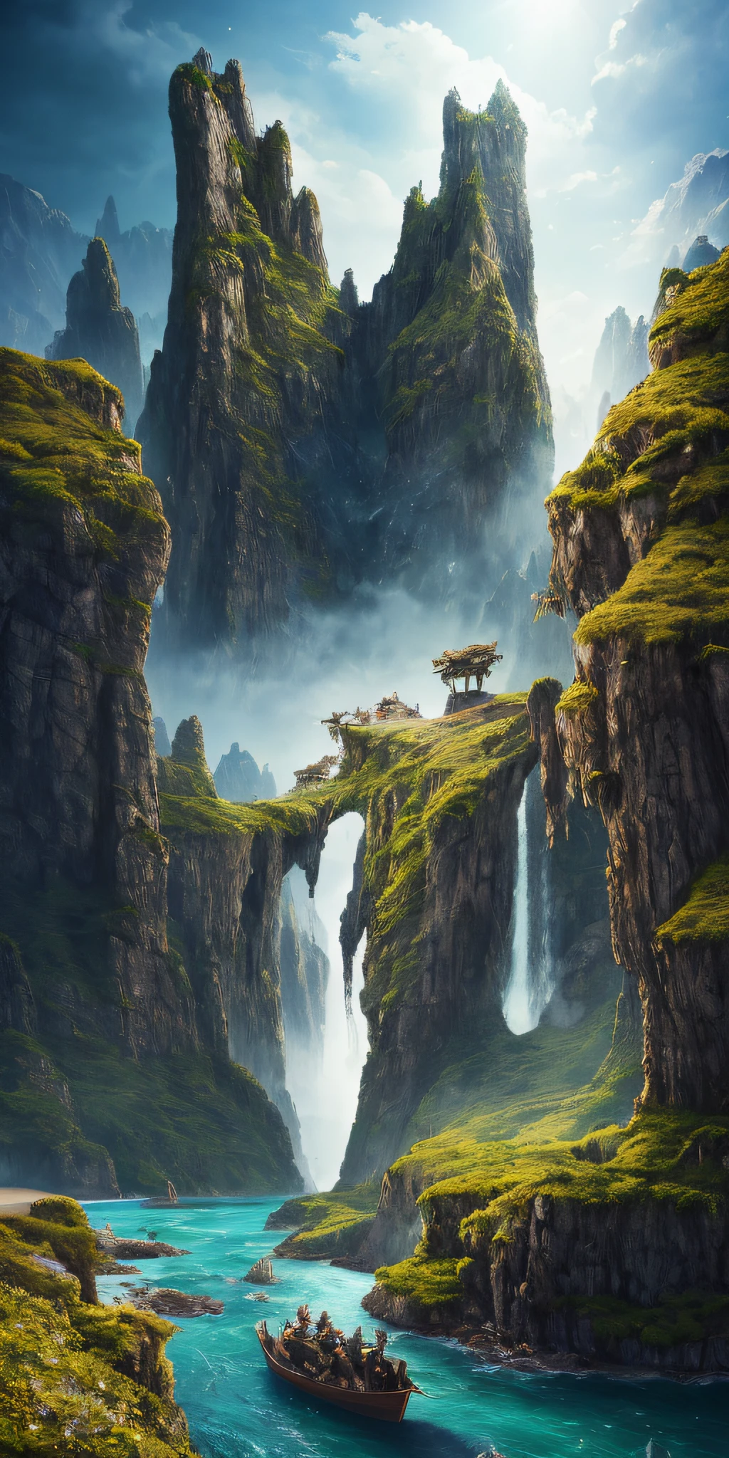 masterpiece, best quality, high quality, extremely detailed CG unity 8k wallpaper, scenery, outdoors, sky, cloud, day, no humans, mountain, landscape, water, tree, blue sky, waterfall, cliff, nature, lake, river, cloudy sky,award winning photography, Bokeh, Depth of Field, HDR, bloom, Chromatic Aberration ,Photorealistic,extremely detailed, trending on artstation, trending on CGsociety, Intricate, High Detail, dramatic, art by midjourney