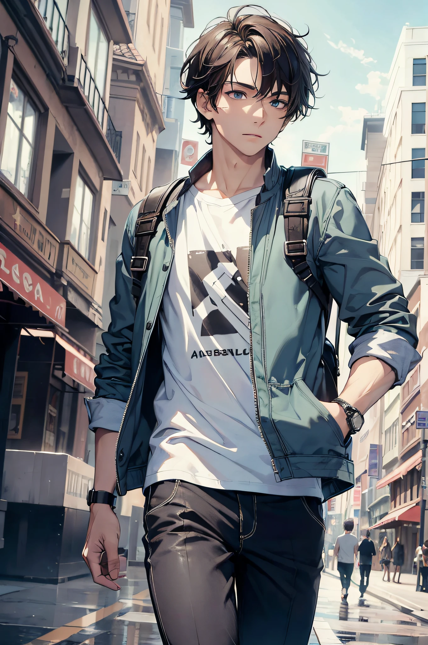 (absurdres, highres, ultra detailed), masterpiece, 1boy, solo. handsome. short hair, finely eye, detailed face, shirt. walking on street, backpack, full body, from below