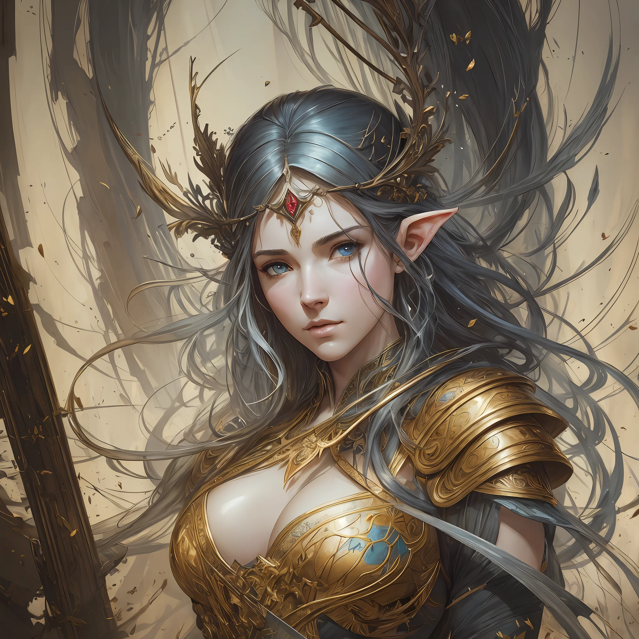 beautiful full figure painting of perfect female elf warrior, shapeless long hair, black hair, white hair, huge mammaries, expression, perfect features, wearing Rococo style heavy plate armor, art by Carne Griffiths and Wadim Kashin Concept art, ethereal background, abstract beauty, stand, near perfection, pure form, Golden Ratio, minimalism, unfinished, concept art, By Brian Froud and Carne Griffiths and Wadim Kashin and John William Waterhouse, intricate detail, 8k post-production, High resolution, super Detail, art station Trends, sharp focus, studio photos, intricate detail, Very detailed, By Greg Rutkowski --auto --s2
