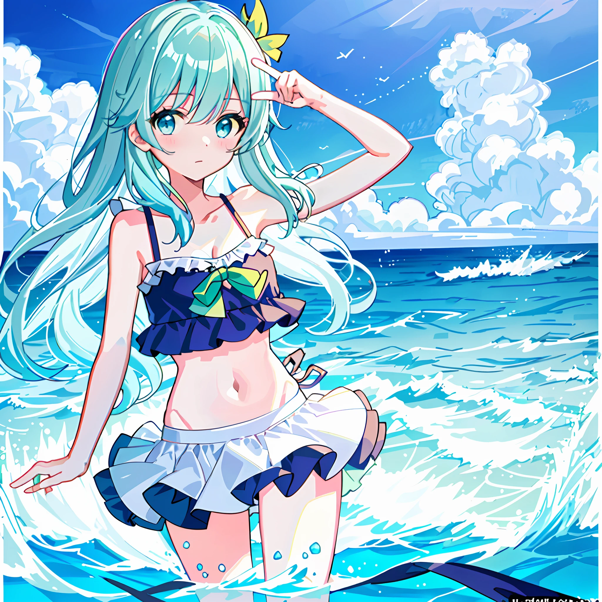 {{illustration}}, {{masterpiece}}, {{best quality}}, {{official art}}, {very detailed CG Unity 8k wallpaper}}}}, {{art book}}}, 1 girl, mint hair, long hair, aqua green hair, swimwear, sexy, white skin, white swimsuit, water blue_eyes, pastel colors, bare shoulders, collarbone, swimwear, {{{solo}}}, short eyes, cute face, loli face, good body parts, cute, style mimicry , dynamic pose, cute girl, perfect fingers, navel, cute swimsuit, {{sexy outfit}}}, swimming skirt, sexy body, border, loli, ruffled swimsuit, sexy swimsuit, {{{underwater}}}, lower breast, glass world