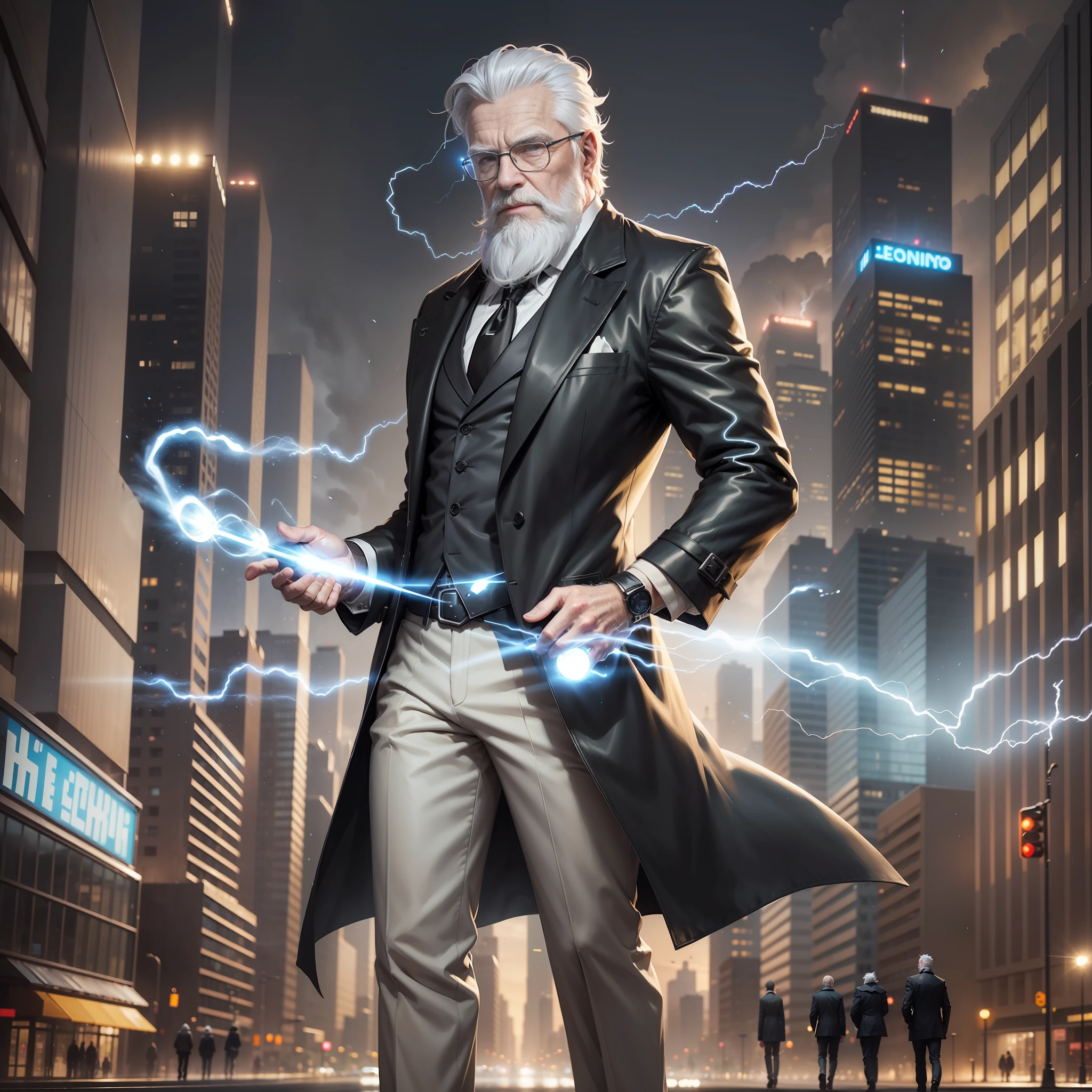 (White-bearded old man, wearing a modern suit with a black trench coat, blue and black lightning particles emitting around), city streets in the background, clear HD, 8K resolution, very detailed, digital painting, concept art, Shinkai Makoto style, pop popularization trend, pop, pop trend, pop trend.