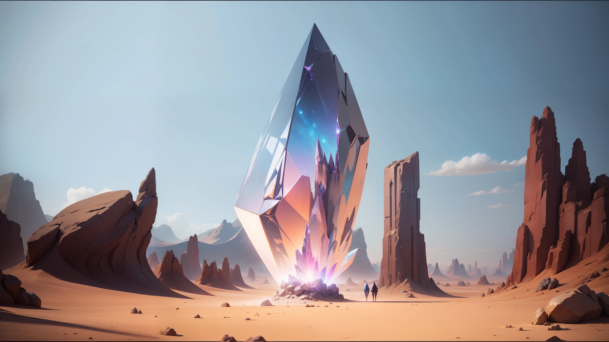 there is a large crystal in the middle of a desert, album art for a trance dj, in the art style of filip hodas, from netflix's arcane, [ cosmic, agartha, the artist has used bright, anime key visual concept art of, rendered in lumion --auto --s2