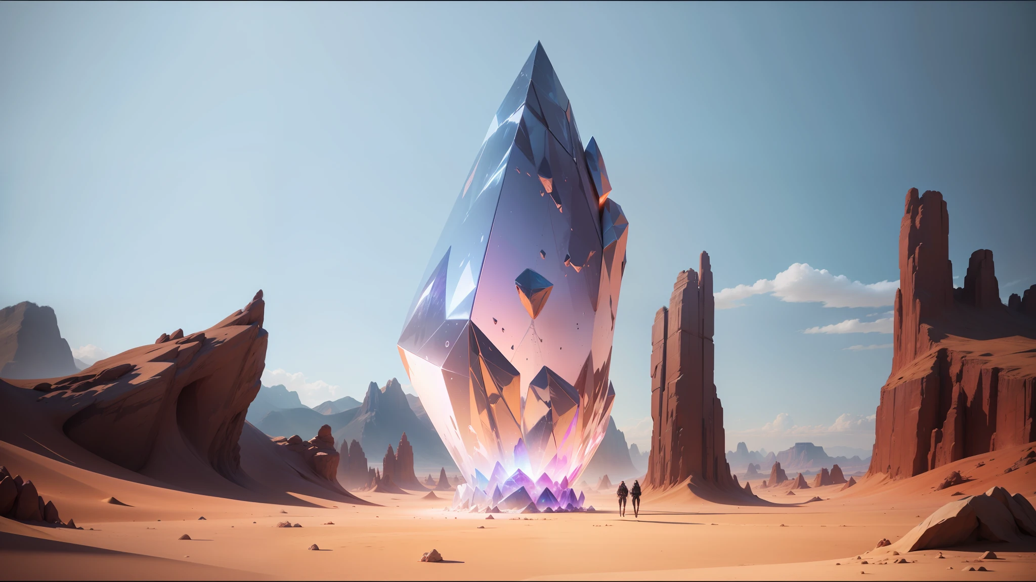 there is a large crystal in the middle of a desert, album art for a trance dj, in the art style of filip hodas, from netflix's arcane, [ cosmic, agartha, the artist has used bright, anime key visual concept art of, rendered in lumion --auto --s2