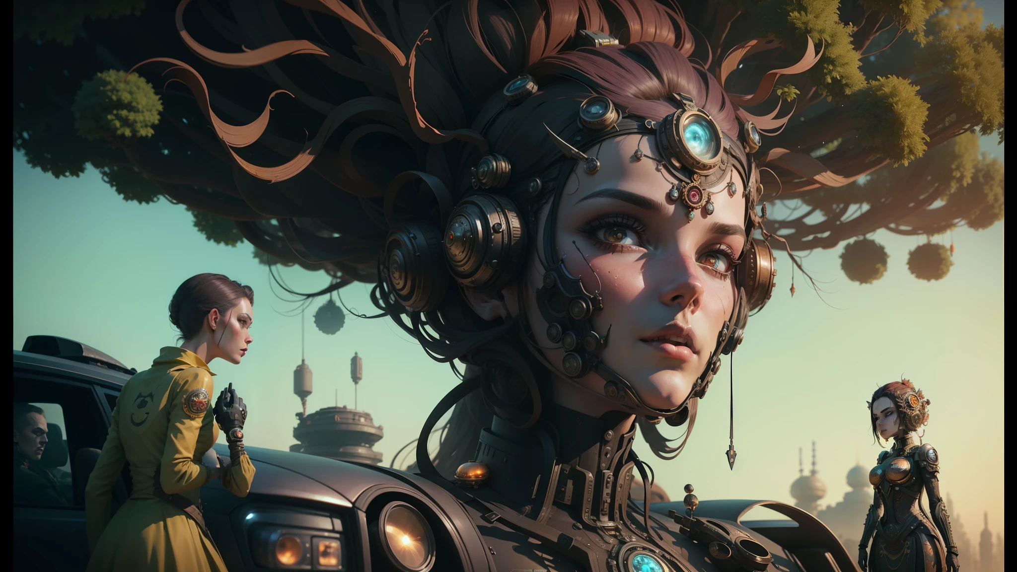 there is a woman with a tree head and a car, 8k highly detailed ❤️‍🔥 🔥 💀 🤖 🚀, a steampunk city, juxtapoz, outer worlds, inspired by Android Jones, the empress’ swirling gardens, featured on cg society, divine cosmic female power, bjork aesthetic, autodesk --auto --s2