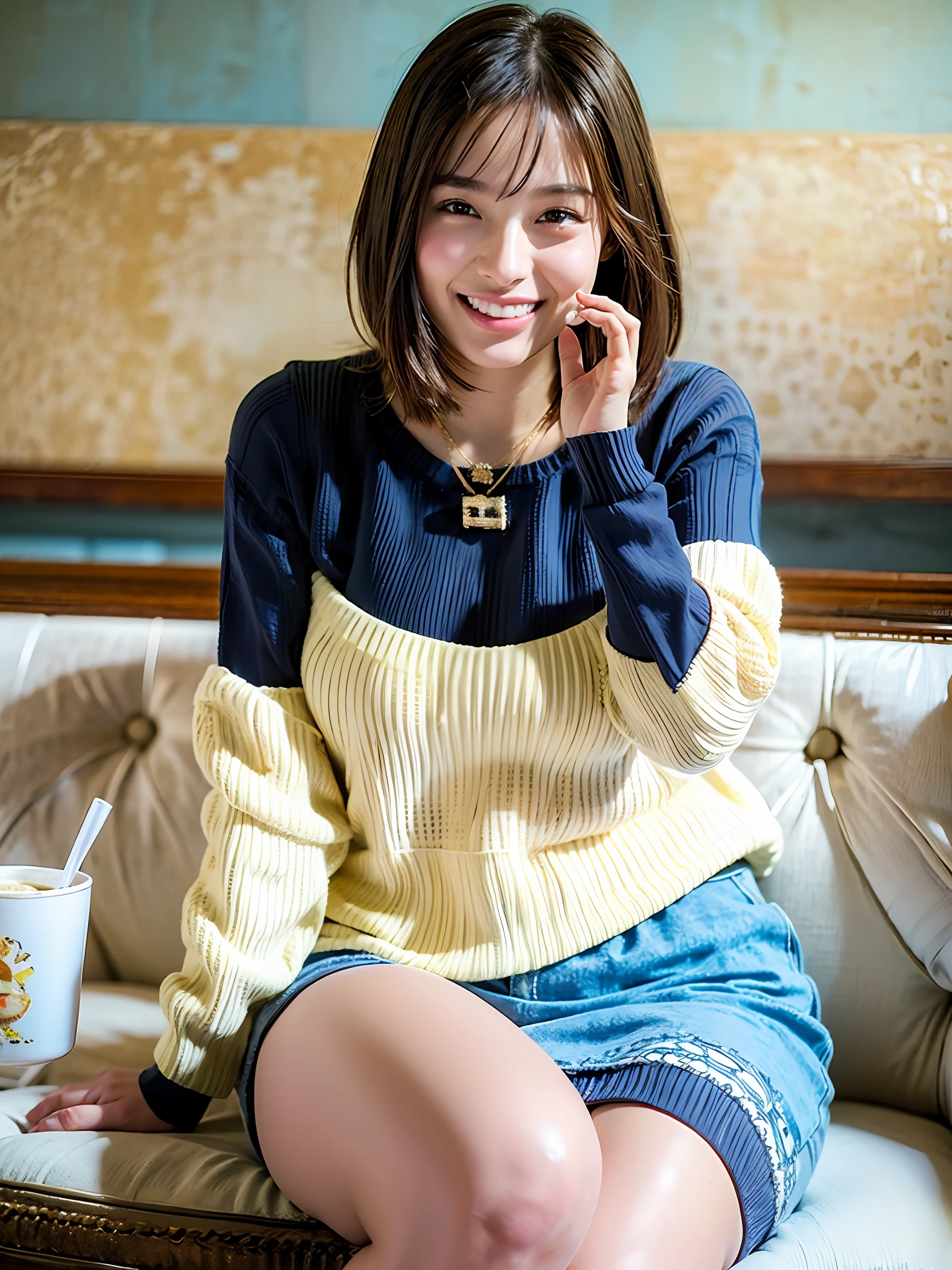 18 year old girl with perfect face and big breasts, cute clothes, slim and slender physique. The skin has detailed and highly detailed eyes (1.1 emphasis), very detailed skin texture (1.1 emphasis). slender necklace, model photo style, photorealistic, skin texture is real human skin texture, detailed skin pores, intricate details, eyes very detailed, from the knee up, short bob, attractive sexy little bit, smile, happy smile, eating ice cream in a café, sitting, bright light blue long sleeve knit sweater, café, sweets, --s2