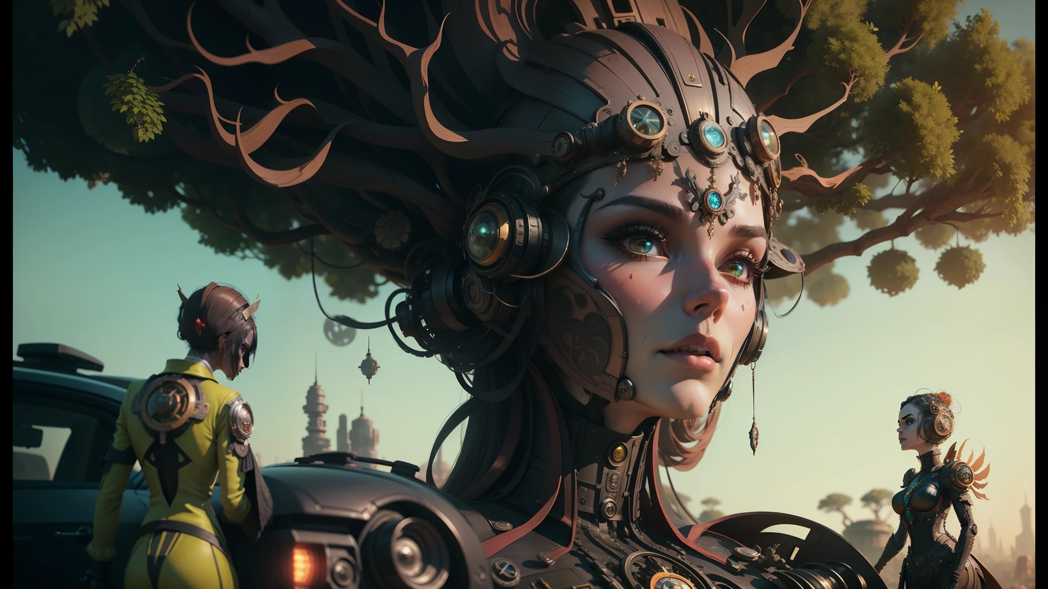 there is a woman with a tree head and a car, 8k highly detailed ❤️‍🔥 🔥 💀 🤖 🚀, a steampunk city, juxtapoz, outer worlds, inspired by Android Jones, the empress’ swirling gardens, featured on cg society, divine cosmic female power, bjork aesthetic, autodesk --auto --s2