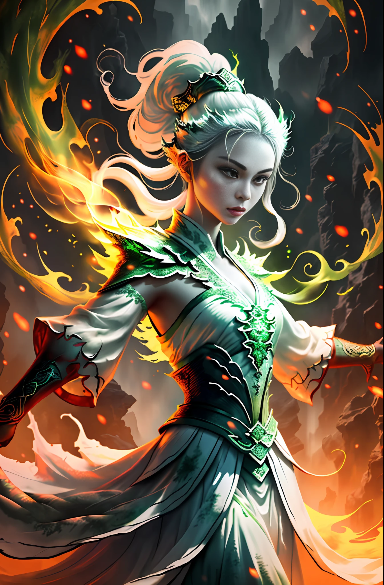 Ink painting style, 1 dragon girl, super clear face close-up, epic scene, delicate face, dark green jade, wearing white clothes, POV perspective, flowing sleeves, fluorescent green, background dynamic flame, white space,