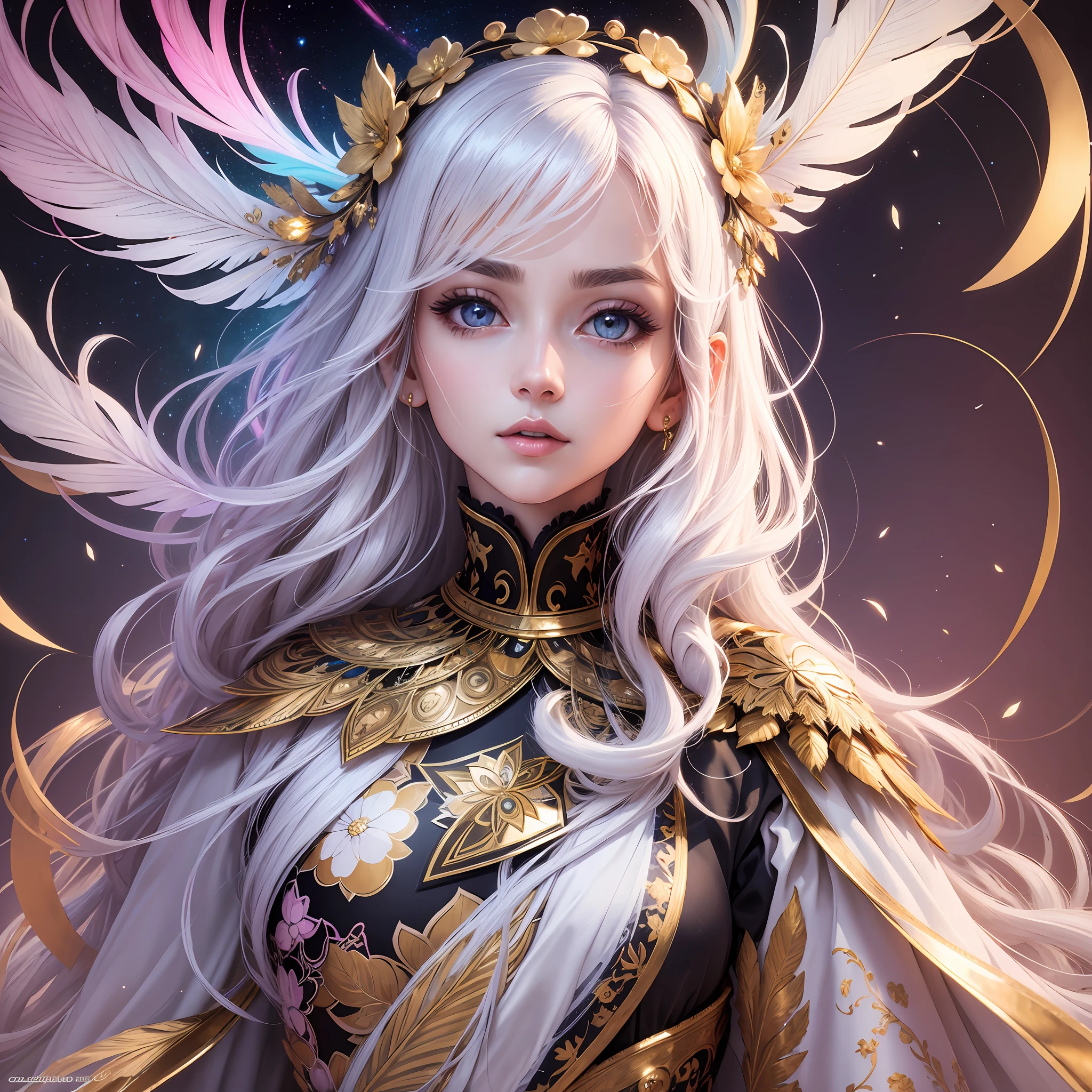 high resolution, best quality, masterpiece, very high image quality, ultra-detailed, hyperrealistic, 3d, anime, illustrations, fantasy, solo, very Beautiful woman with gentle seductive calm face, white medium hair, high layer cut, mullet hair style, sparkling gold big eyes, perfect proportions, full body, feather robe, thin gold line embroidery, background kaleidoscope galaxy rainbow colors of light, neon color light, neon color many thin lines --auto --s2