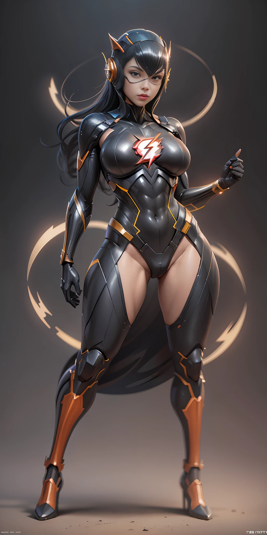 girl dressed as flash from DC, big breasts, frontal, full-length, looking at the camera, facing the audience, standing pose, simple background, three-dimensional light, detailed full-body concept, sleek digital concept art, beautiful full-body concept art, art trend, CGsociety full-length,