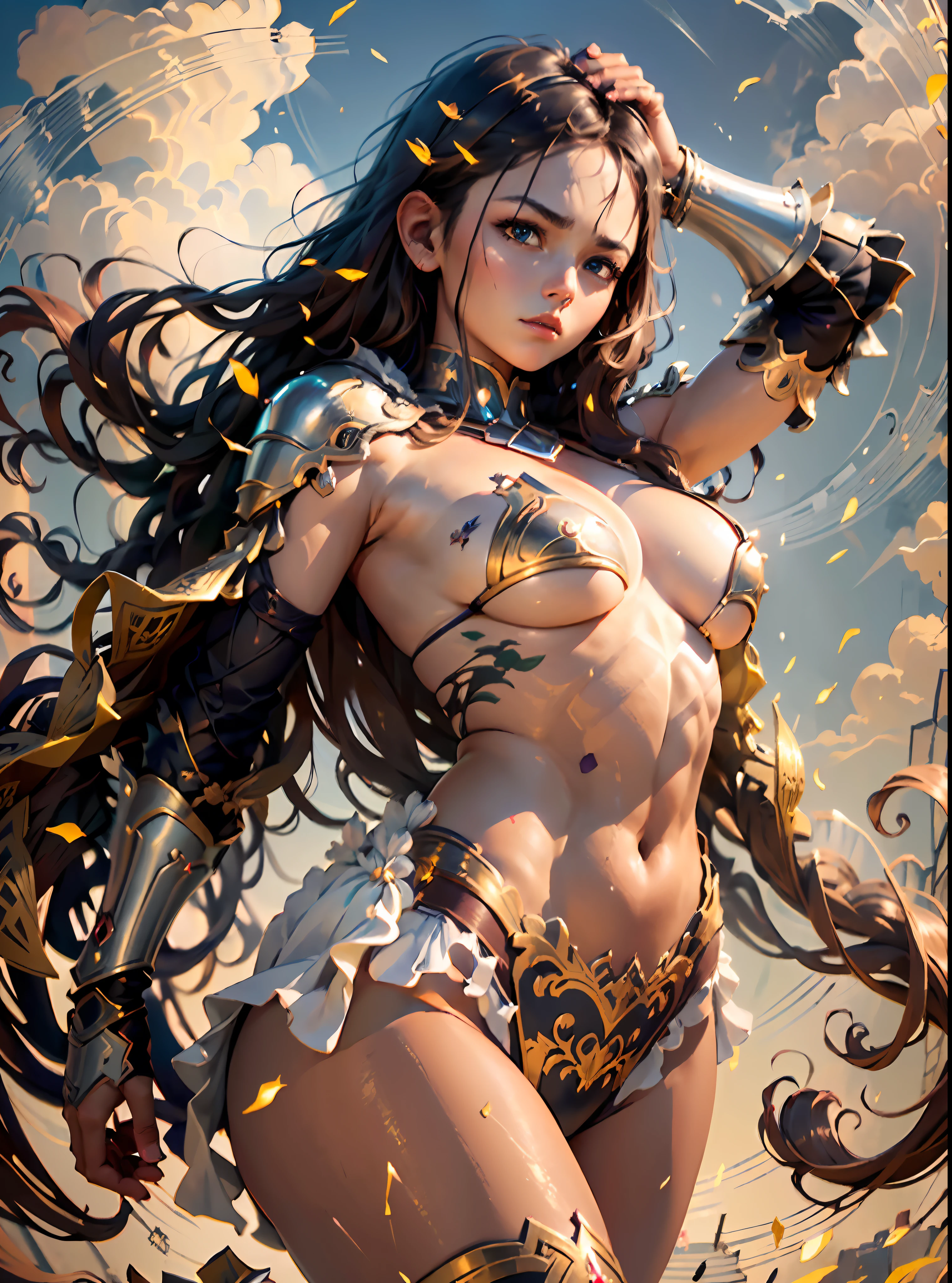 ((masterpiece, best quality, (extremely detailed CG unity 8k wallpaper), (best quality), (best illustration), (best shadow), The warrior amazonian girl stands tall in the center of a vast, open plain. She is tall and muscular, with a powerful and athletic build. Her skin is a rich, warm bronze color, and her hair is long and wild, flowing down her back in thick, dark waves. She wears a suit of bikini gold armor that show clearly her stomach, with intricate designs etched into the metal,emphasizing her curves and strength. Her left arm is covered in a golden gauntlet, with sharp, pointed edges.))
(In her right hand, she holds a long, curved sword, its blade glinting in the sunlight. The sword is decorated with intricate designs and patterns, and its grip is wrapped in soft, supple leather. She holds the sword with confidence and ease, her arm held high and her grip firm.)
Behind her, the open plain stretches out as far as the eye can see, with rolling hills and distant mountains. In the distance, you can see a small village, with thatched roofs and wooden huts. The sky overhead is clear and bright, with a warm, golden light that bathes the warrior girl in a soft glow.
The girl’s expression is fierce and determined, her eyes bright and focused. She is ready for anything, prepared to defend her people and her land with all of her strength and skill. Despite her formidable appearance, there is a sense of grace and beauty to her, a reminder that even in the midst of battle and conflict, there is still room for elegance and refinement.