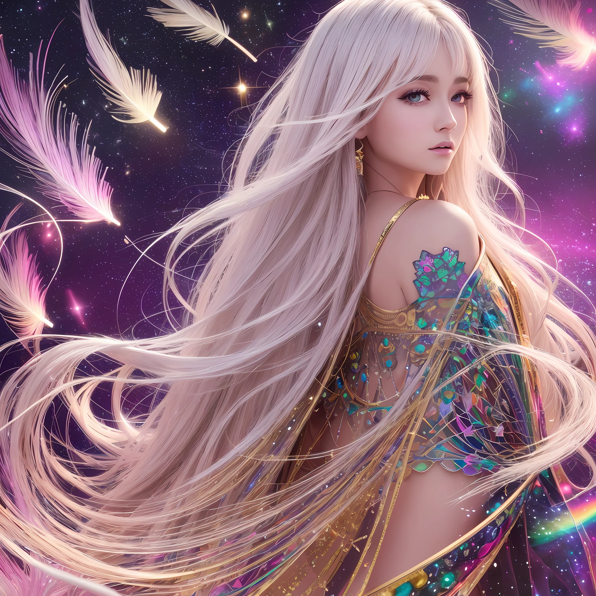 high resolution, best quality, masterpiece, very high image quality, ultra-detailed, hyperrealistic, 3d, anime, illustrations, fantasy, solo, very Beautiful woman with gentle seductive calm face, white medium hair, high layer cut, mullet hair style, sparkling gold big eyes, perfect proportions, full body, feather robe, thin gold line embroidery, background kaleidoscope galaxy rainbow colors of light, neon color light, neon color many thin lines