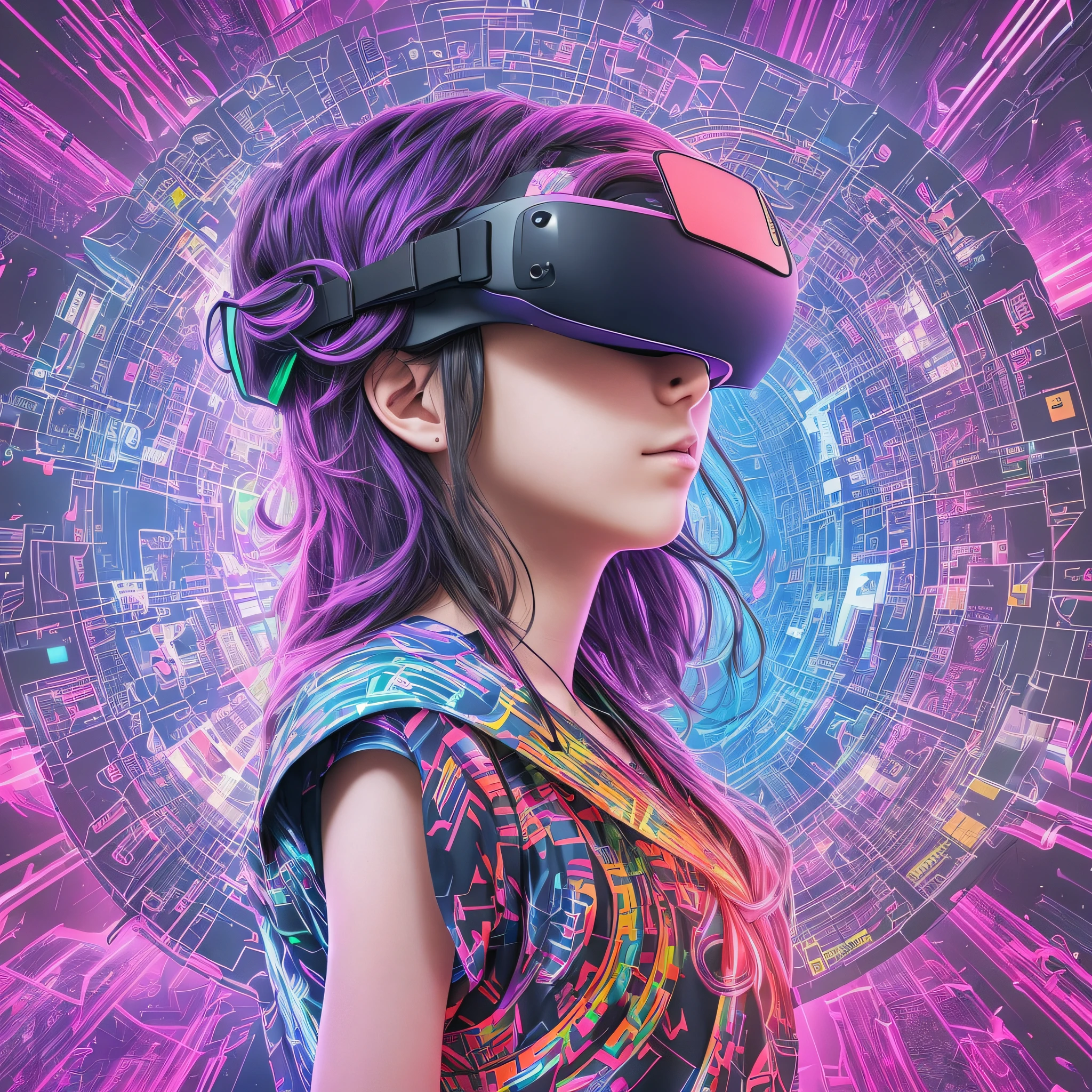 Metaverse technology concept. Teenager playing Metaverse virtual world experience with VR virtual reality goggles on colourful background, upper body up, visualisation and simulation, 3D, AR, VR, innovation --auto --s2