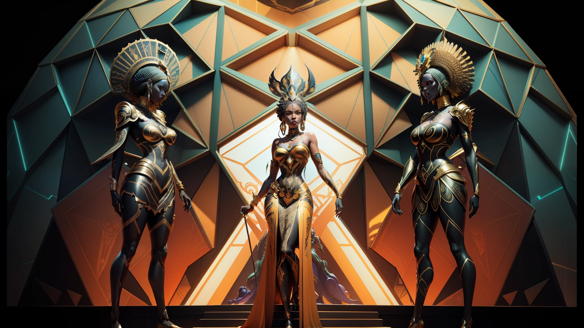 there are three statues of women in a brightly colored room, ash thorp, stunning african princess, ebony art deco, wlop : :, cover art of graphic novel, in style of 3d render, by Jesse Richards, ornate gilded cosmic machine, hi - fructose art magazine, tarot card the empress, vectorial art, erte --auto --s2