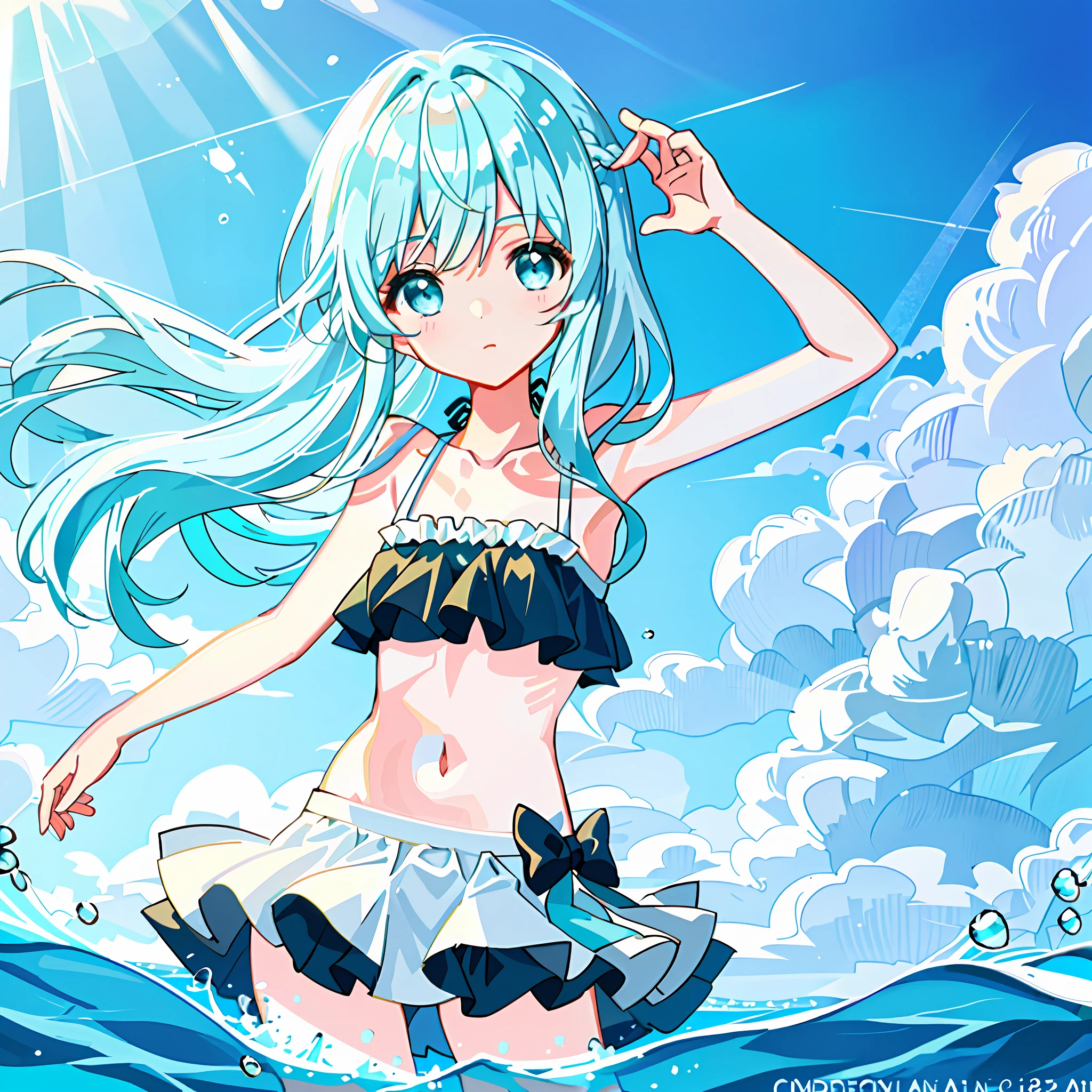 {{illustration}}, {{masterpiece}}, {{best quality}}, {{official art}}, {very detailed CG Unity 8k wallpaper}}}}, {{art book}}}, 1 girl, mint hair, long hair, aqua green hair, swimwear, sexy, white skin, white swimsuit, water blue_eyes, pastel colors, bare shoulders, collarbone, swimwear, {{{solo}}}, short eyes, cute face, face, good body parts, cute, style mimicry , dynamic pose, cute girl, perfect fingers, navel, cute swimsuit, {{sexy outfit}}}, swimming skirt, sexy body, border, loliffled swimsuit, sexy swimsuit, {{{underwater}}}, lower breast, glass world