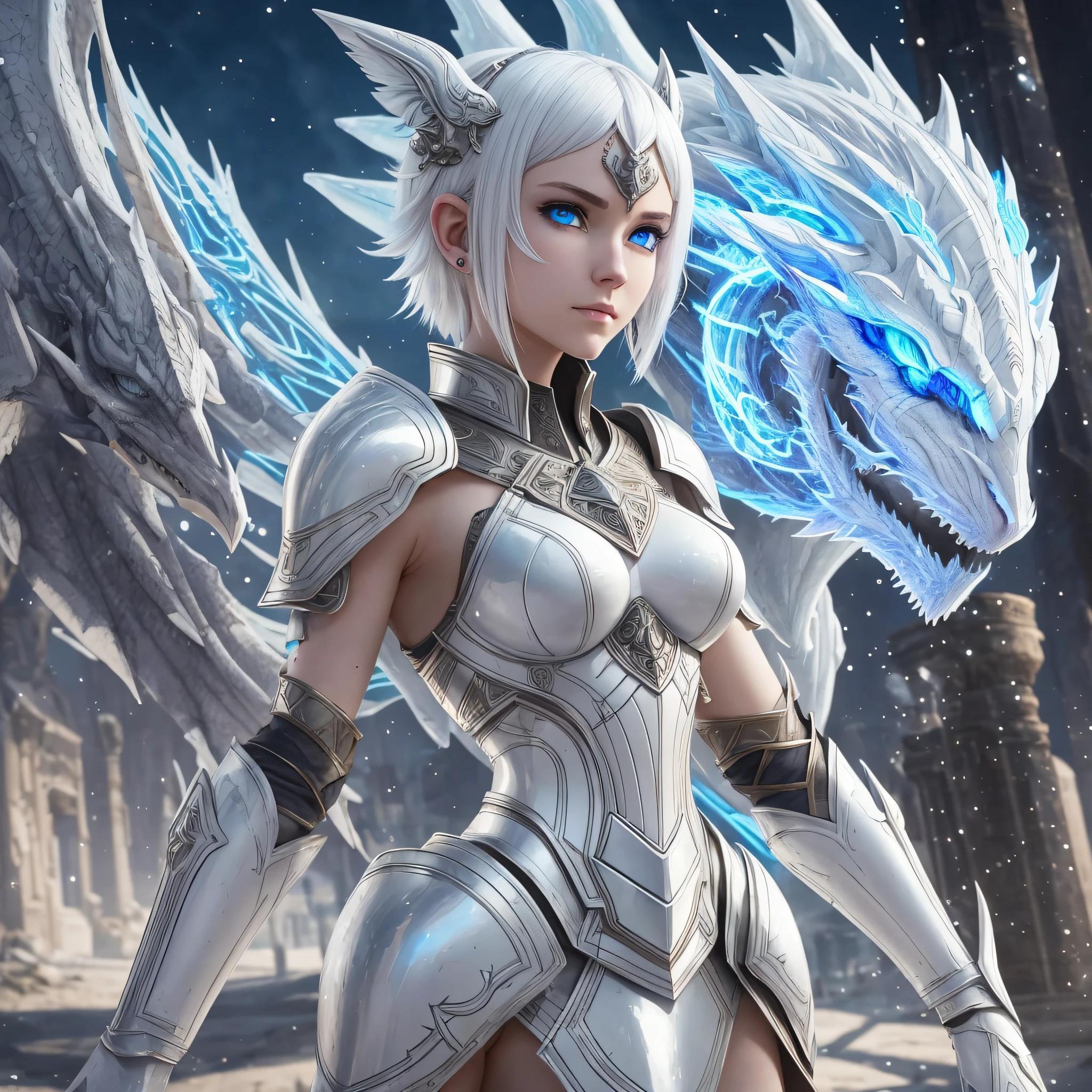 8k, ultra hd, anime girl, white armor, short white hair, blue eyes, elfic ears, henna tattoo white color in face, elegant armor, grimes neofantasty aniem gene CRISPR, fantasy, 3D, oily bubbles, dragons in background