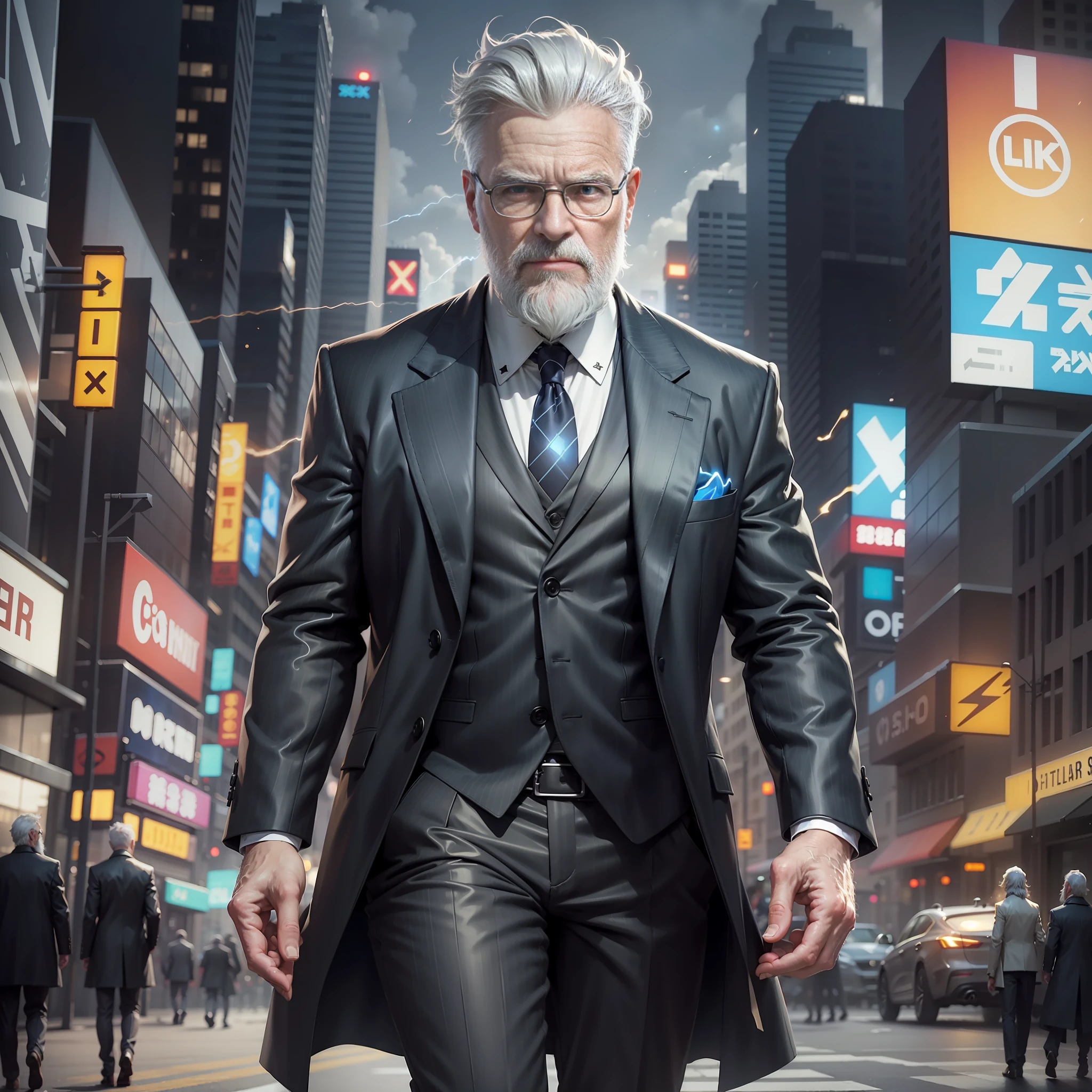 (White-bearded old man holding a cell phone to make a call, wearing a modern suit with a black trench coat with blue and black lightning particles emitting around it), city streets in the background, clear HD, 8K resolution, very detailed, digital painting, concept art, Shinkai Makoto style, pop popularization trend, pop, pop trend, fashion trend on pixiv.