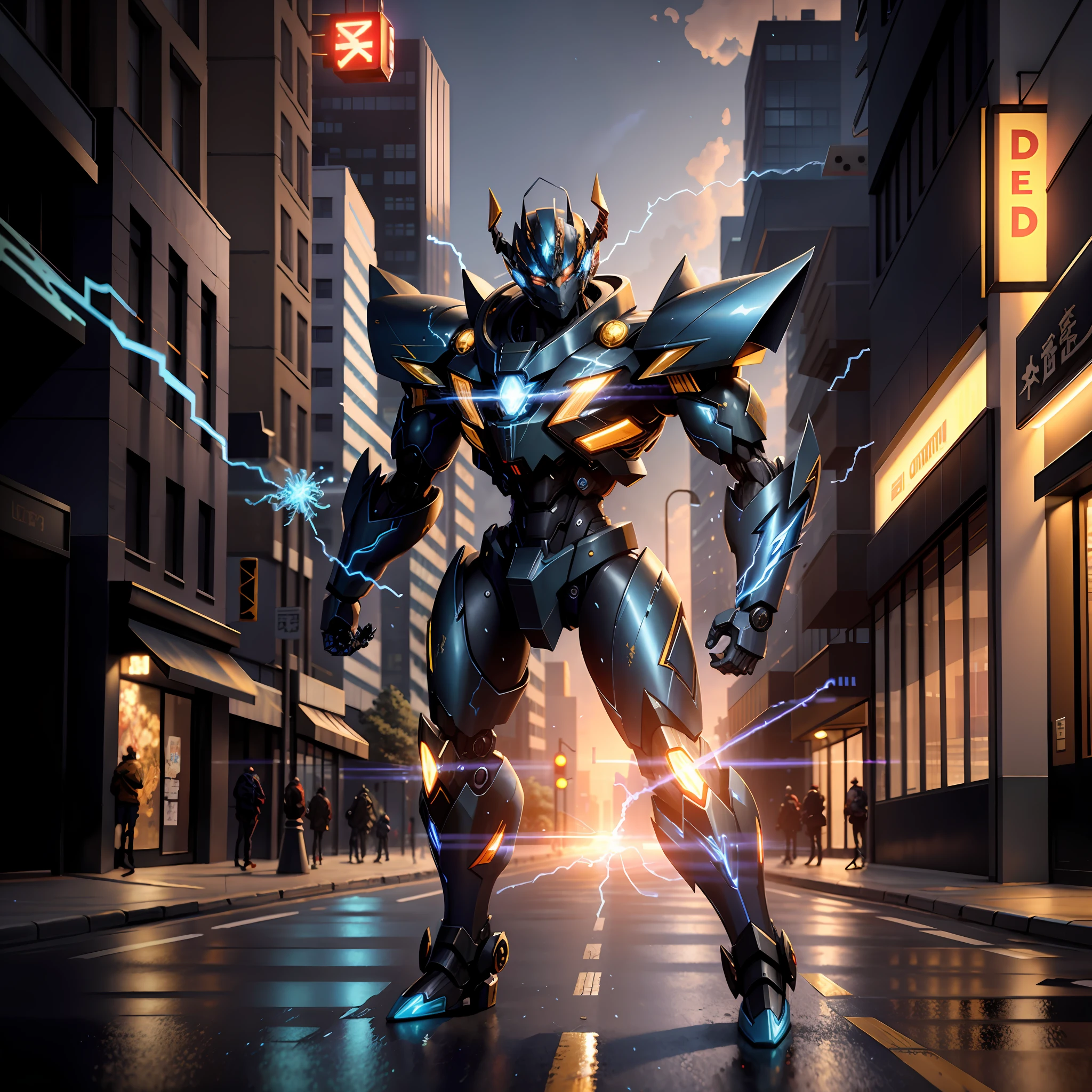 (Demon God Mecha, 3D rendering, blue and black lightning particles emitting around), background city street center, clear HD, 8K resolution, very detailed, digital painting, concept art, Shinkai Makoto style, pop popularization trend, pop, pop trend.