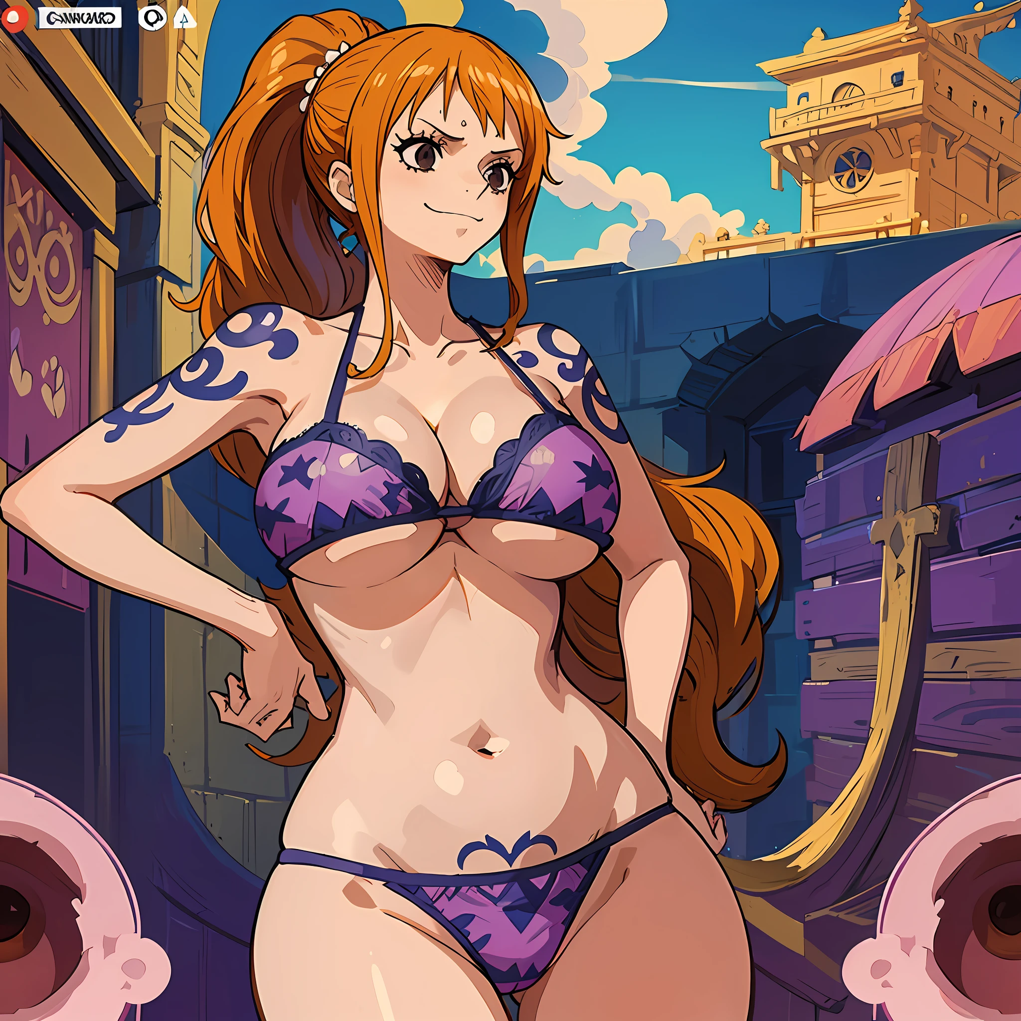 1girl,solo, (nami_8000:0.9), nami \(one piece\), Eye Highlights, nami, full body, ponytail, brown eyes, shoulder tattoo, from below, v, smile, narrow waist, inskny, ((cleavage)),(masterpiece:1.0), (best quality:1.0), (8k wallpaper:1.0), extremely delicate and beautiful, (beautiful detailed face:1.0), (detailed deep eyes), symmetrical breasts, deep eyes, (((huge breasts))), ((screencap)), third-party edit, (sweat), (shiny skin), (wide hips), ((one piece treasure cruise)), anime, (anime screencap), (fog), (glow), groin, (underboob), sideboob, ((plump)), bathroom, hand on own hip, breasts apart, (purple bra), (purple panties), underwear,