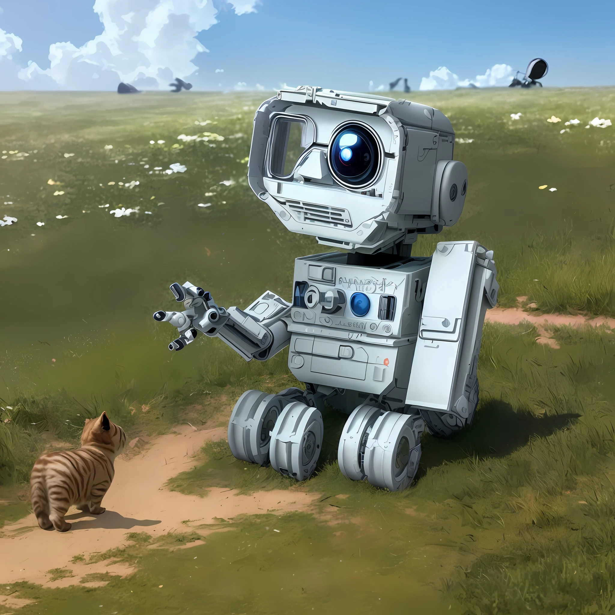 Masterpiece, best quality, (8k very detailed CG unit wallpaper) (best quality), (best illustration), (best shadows), Ultra realistic, high definition, very detailed, WALL E is looking at a cute kitty curiously, detailed robot, detailed cat, sunny day, spaceship in the far sky background