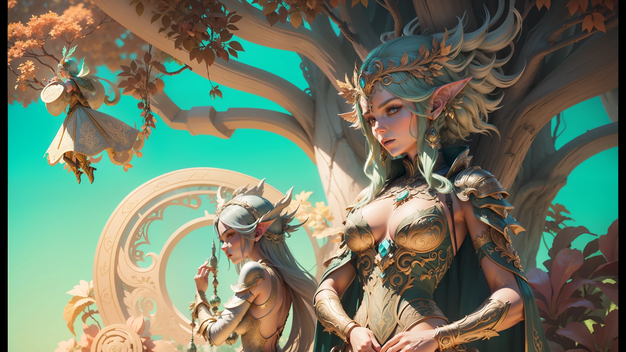 there is a statue of a woman with a tree in the background, art nouveau octane render, ornate cosplay, shamanpunk, gaia, detailed and symmetric faces, highly detailed zen neon, worshipers, highly photographic render, biological armor, detail render, featured on artstattion, wearing ornate armor, by Thomas Scholes, animated character design, machine elves, amazingly detailed d & d art --auto --s2