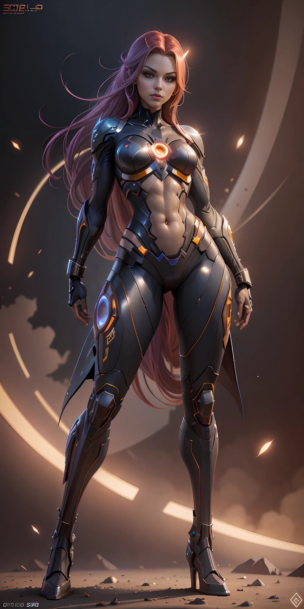Starfire from DC, frontal, full-length, looking at the camera, facing the audience, standing pose, simple background, three-dimensional light, detailed full-body concept, sleek digital concept art, beautiful full-body concept art, art trend, CGsociety full-length,