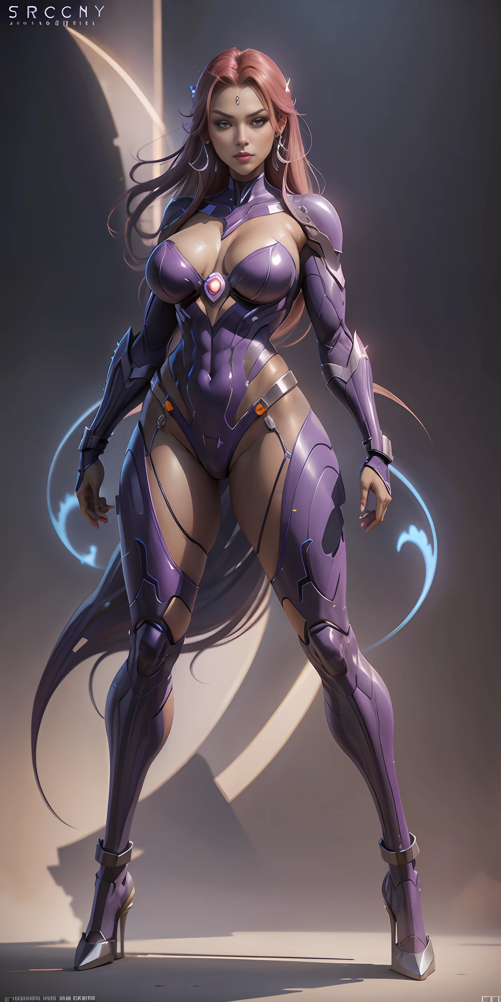 Starfire from DC, big breasts, frontal, full-length, looking at the camera, facing the audience, standing pose, simple background, three-dimensional light, detailed full-body concept, sleek digital concept art, beautiful full-body concept art, art trend, full-length CGsociety,