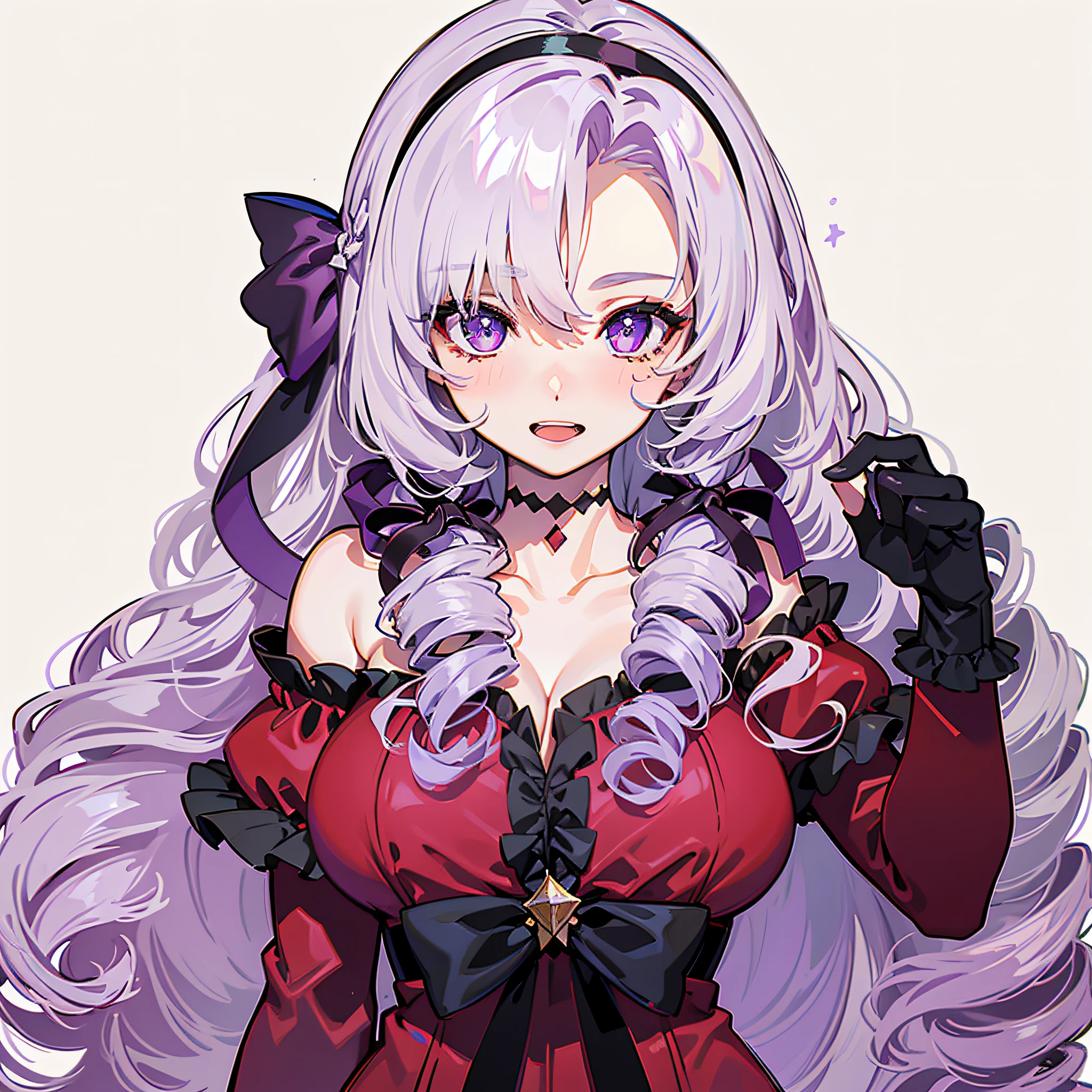 Solo, Long hair, Chest, Drill hair, Twin Drill, Gloves, Dress, Purple eyes, Eye stars, Garter straps, Red dress, Hair band, Look at viewer, Smile, White background, Purple hair, Cleavage, Bangs, Black gloves, Tattoo on chest, Ribbon, Bare shoulders, Blushing, Simple background, Open mouth, Purple hair ribbon on the right side, Lilac hair, long sleeves, detached sleeves, off-shoulder dress, nail ring, black hair band, off-shoulder, collarbone, parted bangs, masterpiece, top quality, photorealistic, 3D, shiny_skin, shiny_hair, dynamic angles, beautiful detailed shine, HDR, Rembrandt lighting, colorful refraction, lens flare, bloom, film reflection, chromatic aberration, light diffusion, public obscenity, cowboy shot, deep meaning, physically based rendering, bright, vibrant, complex,
