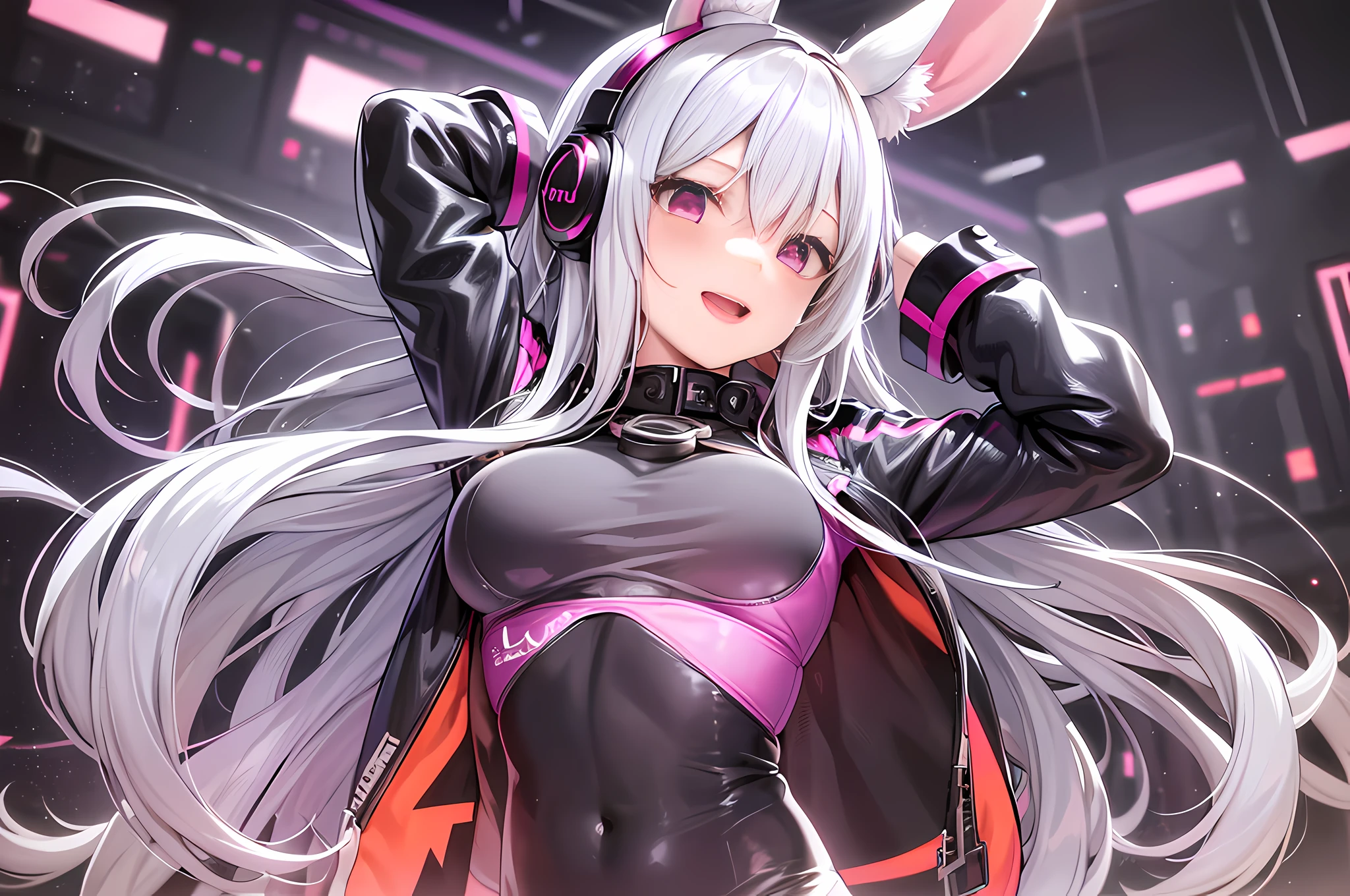 (RAW Photo, Best Quality, Masterpiece: 1.2), (Realistic, Realistic: 1.4), 1 Girl, Solo, :d, Animal Ear Headphones, Animal Ears, Arms Up, Bangs, Blush, Tights, Breasts, Rabbit Pose, Clothes Writing, Covering Belly Pollar, Cowboy Shots, Cropped Jacket, Fake Animal Ears, Gloves, Gray Background, Hair Intake, Headphones, Impossible Tights, Impossible Clothes, Jacket, Room, Latex, Latex Tights, Long Hair, Long Sleeves, Looking at the Audience, Medium breasts, multicolored gloves, open mouth, pink tights, pink eyes, red eyes, red jacket, shiny clothes, shrugged\(clothes\), sideburns, simple background, skin tightness, smile, solo, thigh gap, thighs, double tail, very long hair, white gloves, white hair, alice \ (daylight), (masterpiece: 1.4), (best quality: 1.4), (shiny skin), realistic,