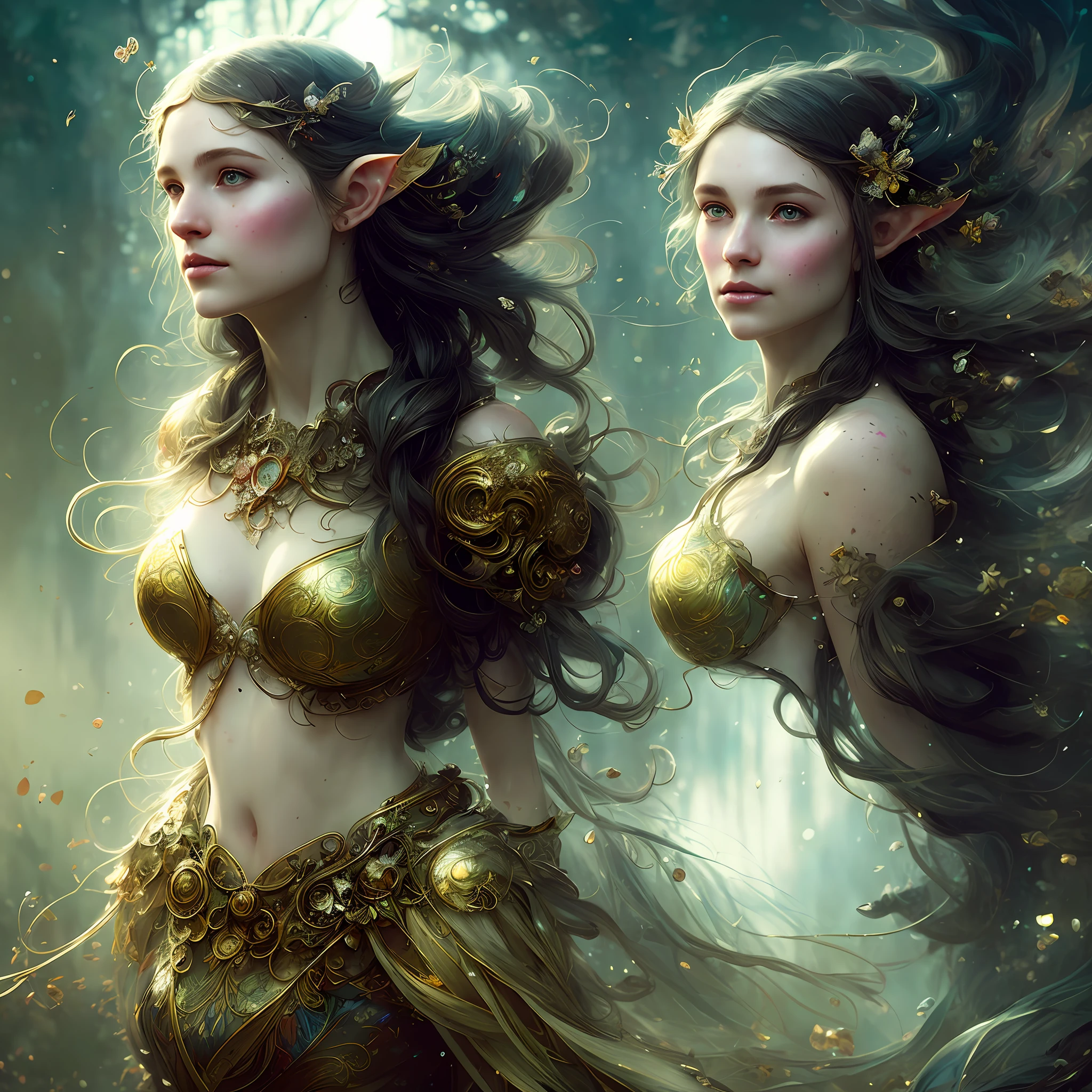 A beautiful full figure painting of perfect female elf woman, shapeless long hair, black hair, white hair, huge mammaries, perfect features, wearing Rococo style dress, art by Carne Griffiths and Wadim Kashin Concept art, ethereal background, abstract beauty, stand, near perfection, pure form, Golden Ratio, minimalism, unfinished, concept art, By Brian Froud and Carne Griffiths and Wadim Kashin and John William Waterhouse, intricate detail, 8k post-production, High resolution, super Detail, art station Trends, sharp focus, studio photos, intricate detail, Very detailed, By Greg Rutkowski