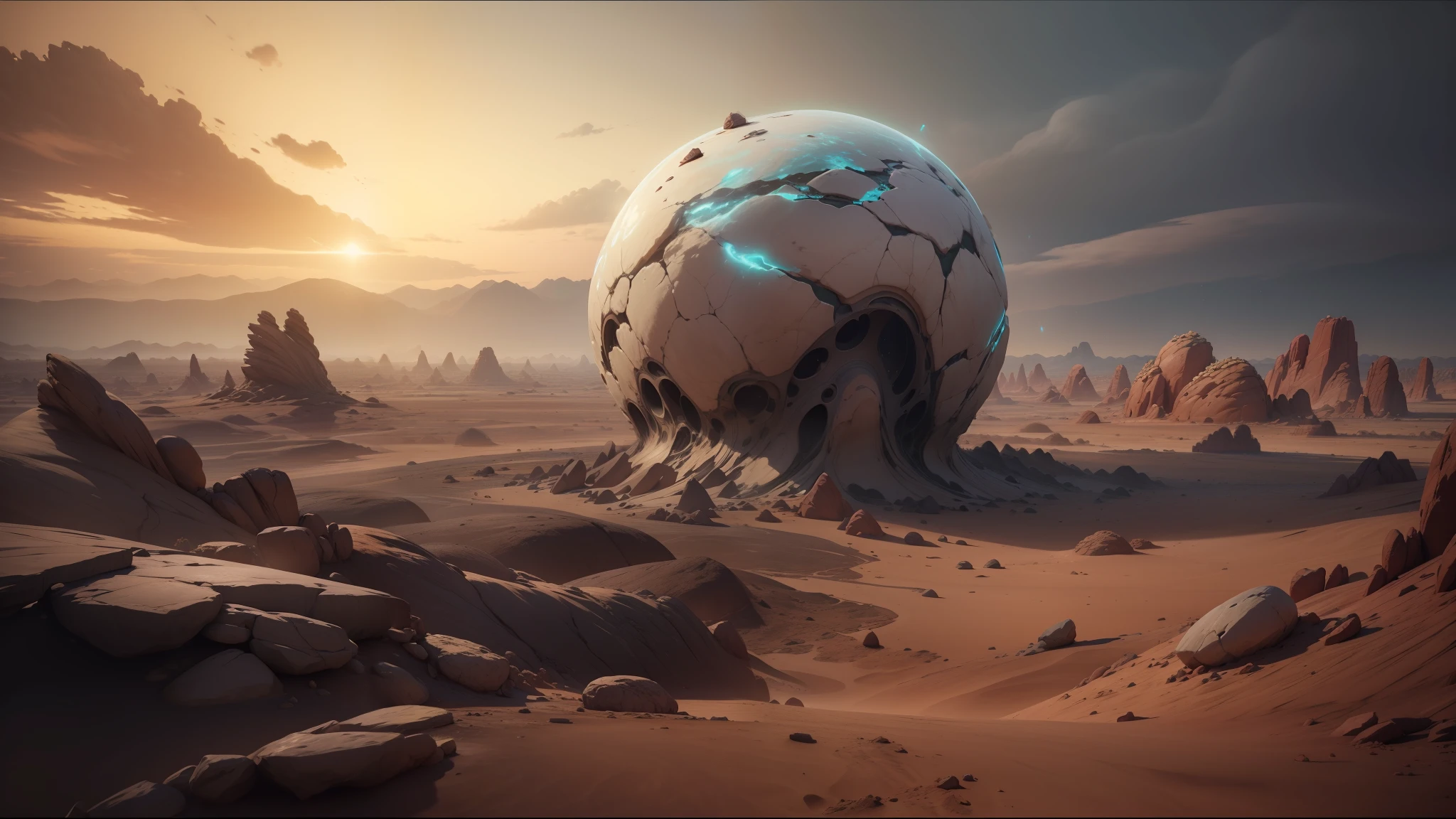 there is a large rock in the middle of a desert, behance contest winner, cgi 8k, infected mushroom, metaballs, flowing fabric, the energy of dreams, destroyed planet, riven, connectedness, cgsociety! --auto --s2