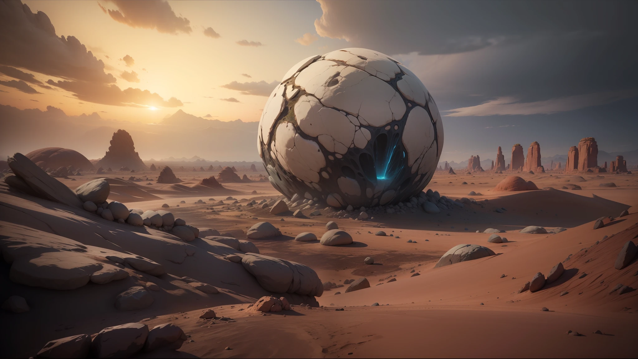 there is a large rock in the middle of a desert, behance contest winner, cgi 8k, infected mushroom, metaballs, flowing fabric, the energy of dreams, destroyed planet, riven, connectedness, cgsociety! --auto --s2