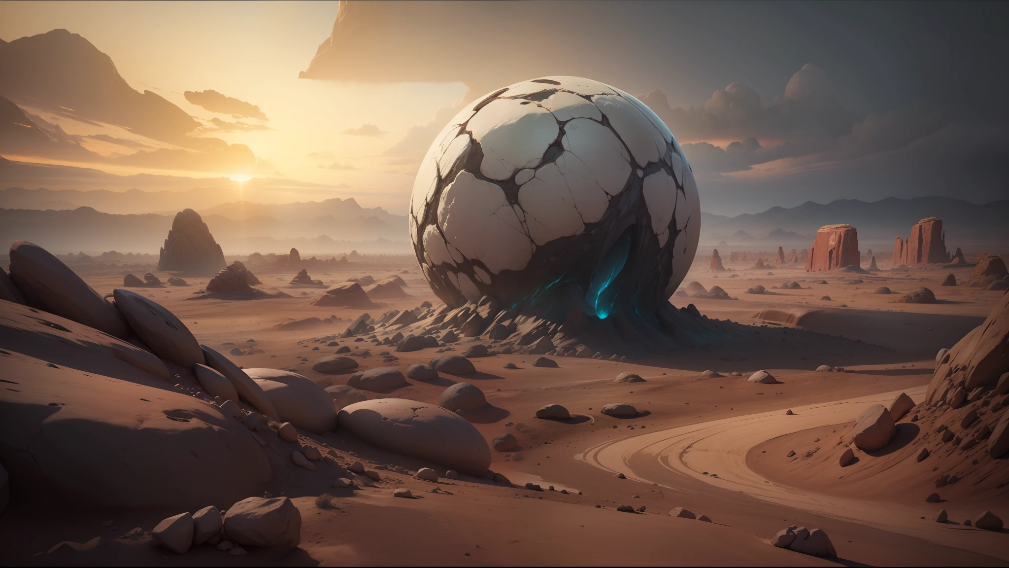 there is a large rock in the middle of a desert, behance contest winner, cgi 8k, infected mushroom, metaballs, flowing fabric, the energy of dreams, destroyed planet, riven, connectedness, cgsociety! --auto --s2