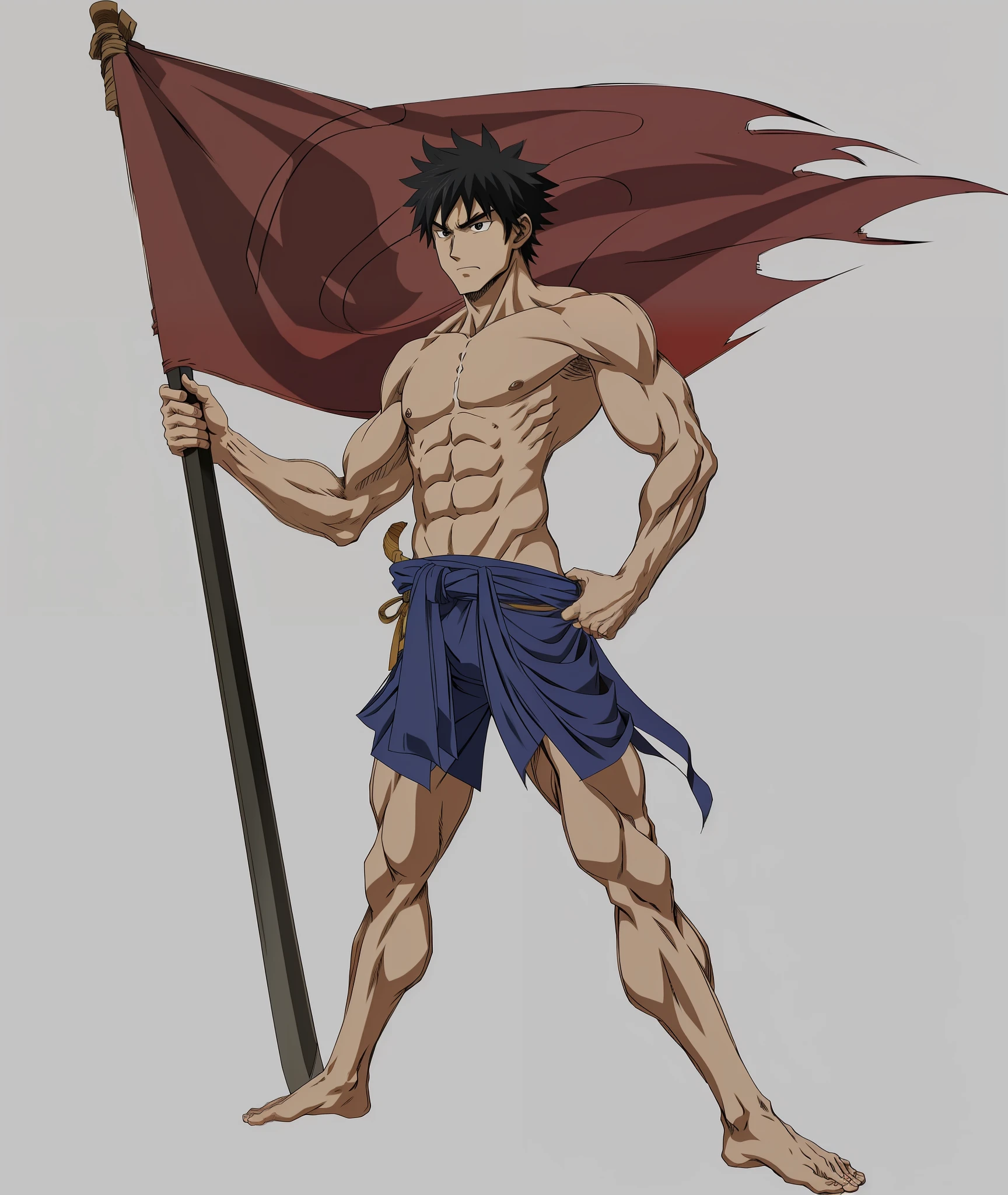 a cartoon of a man holding a flag and a sword, shikanosuke yagaki, loincloth, full body concept, inspired by Kōno Michisei, inspired by Okumura Masanobu, kentaro miura art style, nobutaka ike, berserk style, ninja scroll anime style, umanosuke iida