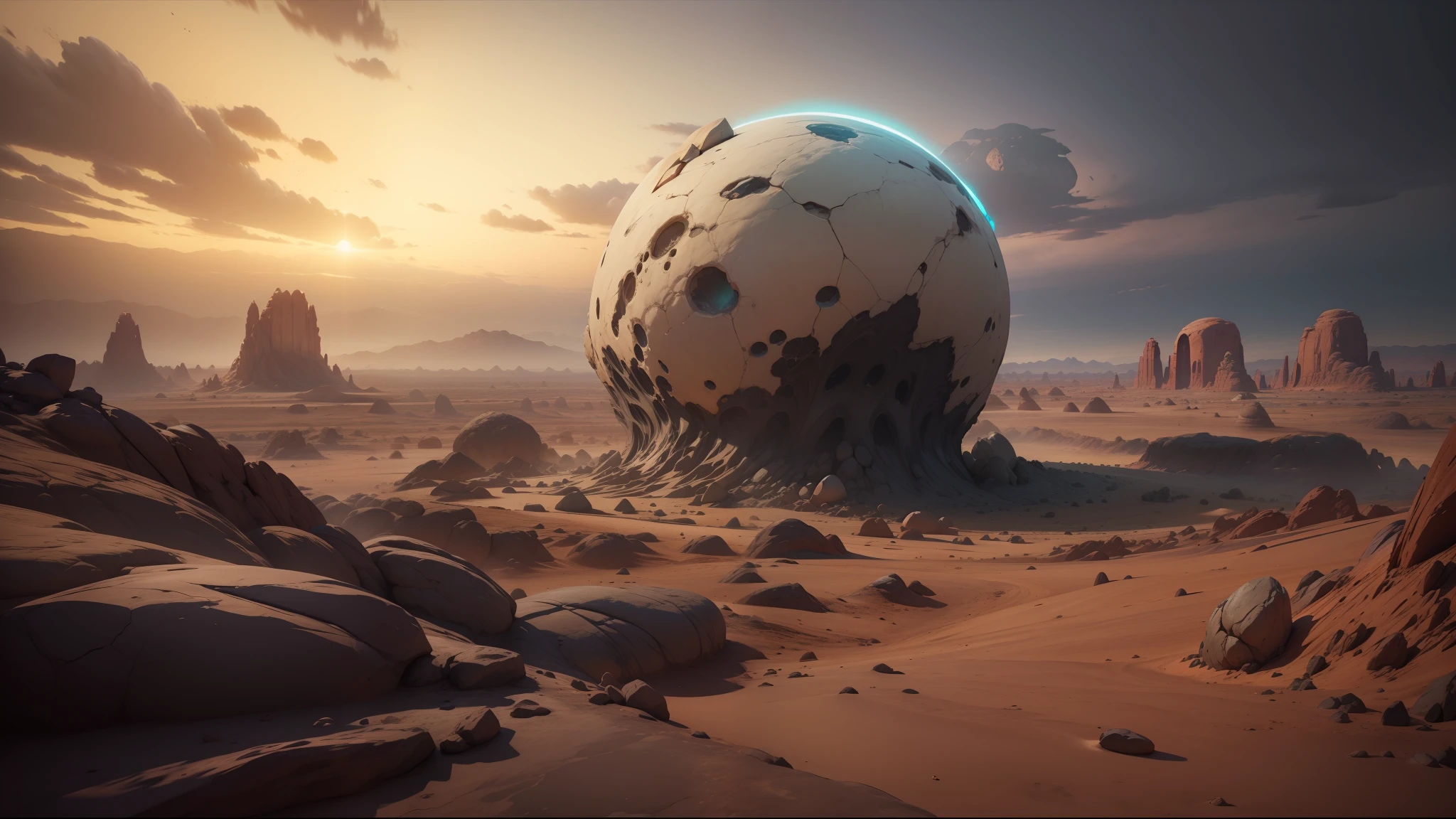 there is a large rock in the middle of a desert, behance contest winner, cgi 8k, infected mushroom, metaballs, flowing fabric, the energy of dreams, destroyed planet, riven, connectedness, cgsociety! --auto --s2
